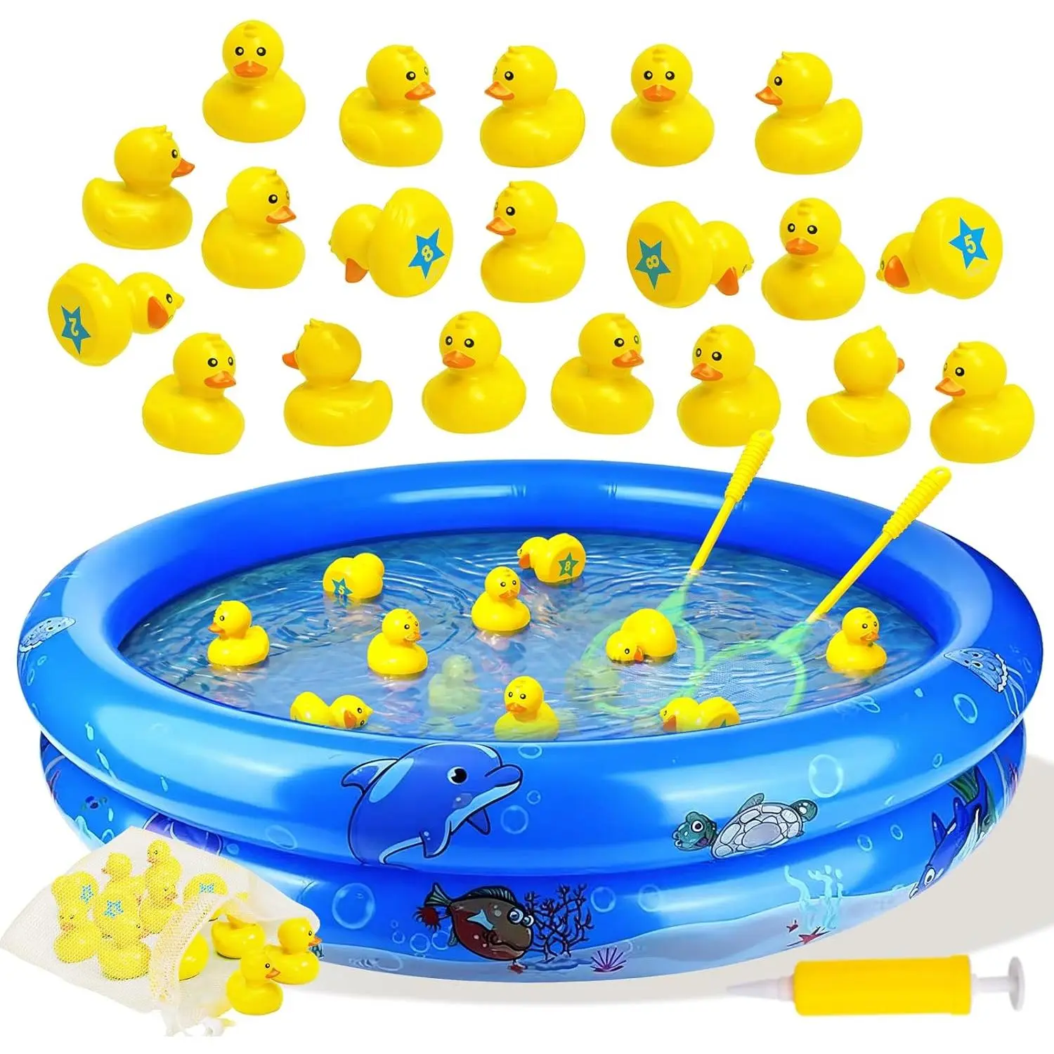 Duck Matching Game Toys for Kids - 20 Plastic Ducks with Numbers,34" x 7" Kiddie Pool |   Storage Bag, 2 Nets - Fun Memory Games - Water Outdoor Game for Children,Preschoolers,Birthday Party Carnival