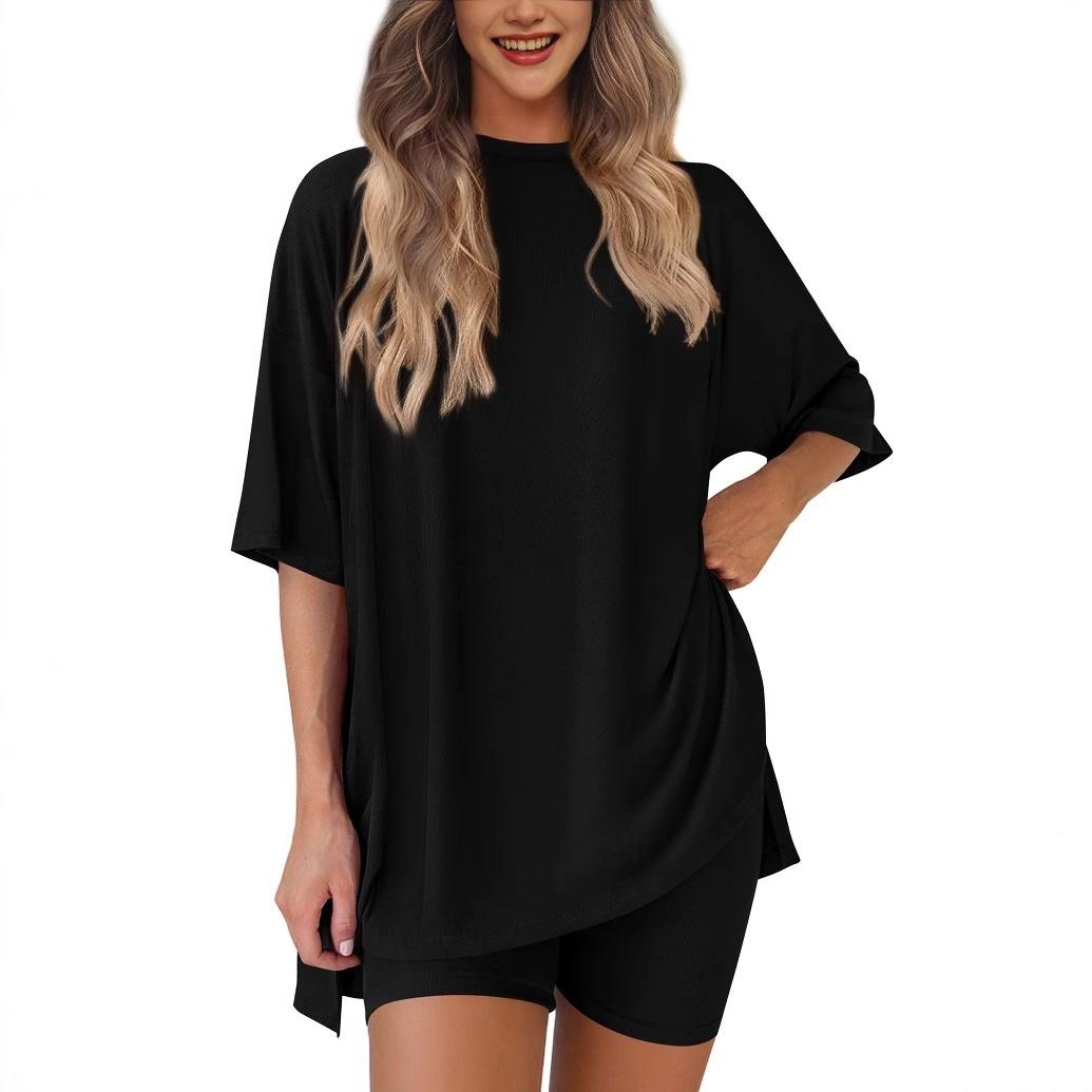Women's 2-Piece Lounge & Workout Set |   Oversized Side Split T-Shirt + High Waist Shorts, Solid Comfy Outfit XS-4XL