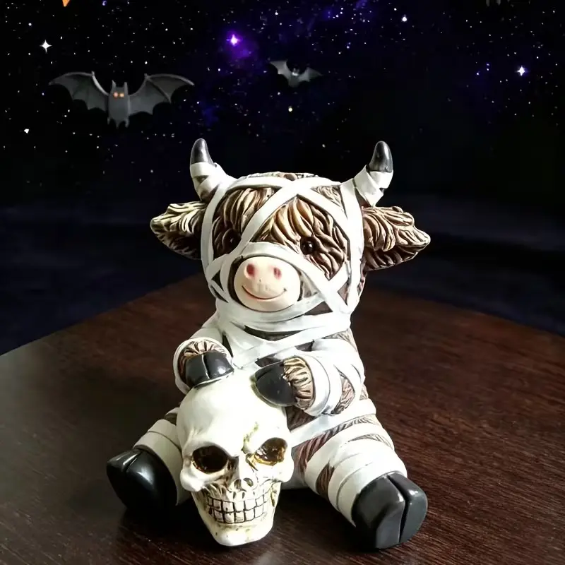 Creative Highland Cow Figurine, Halloween Statue Ornament, Pumpkin Decoration Set, Unique Holiday Decor, Perfect for Festive Displays