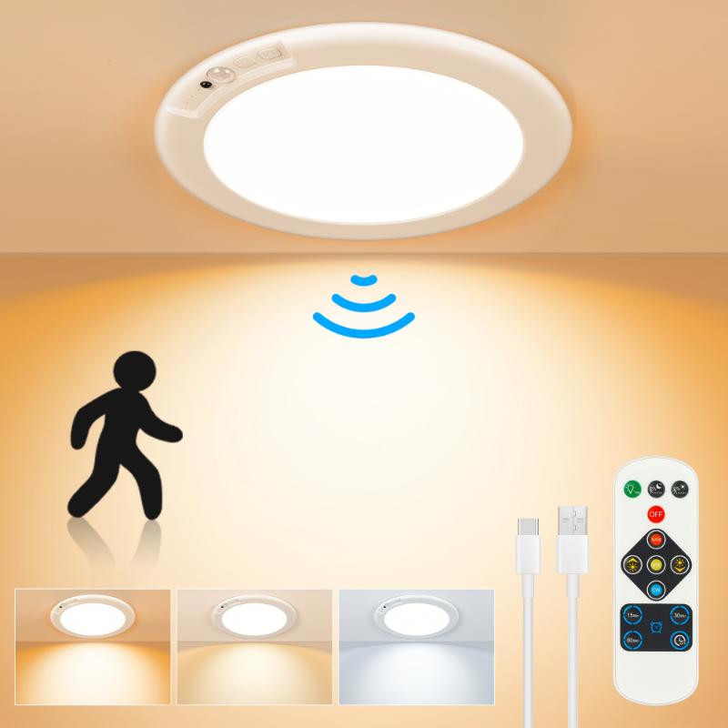 8/6/4/2/1Pack Rechargeable LED Ceiling Light with Motion Sensor, 3 Lighting Options, 10 Brightness Levels Battery Operated Closet Lights, Remote Control Dimmable Timing Motion Shower Lights for Living Bathroom Pantry Hallway Porch(3000K/450