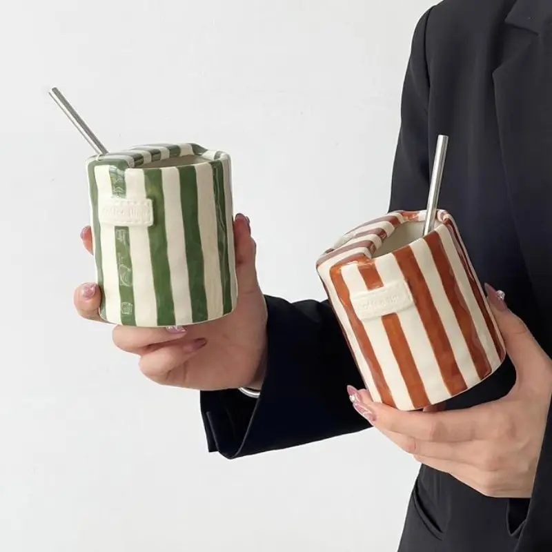 Ceramic Coffee Cup with Straw Hole, 10oz Italian Espresso Cup, Vintage Hand-Painted Stripes, Travel Mug Drinkware for Kitchen, Restaurant, Travel