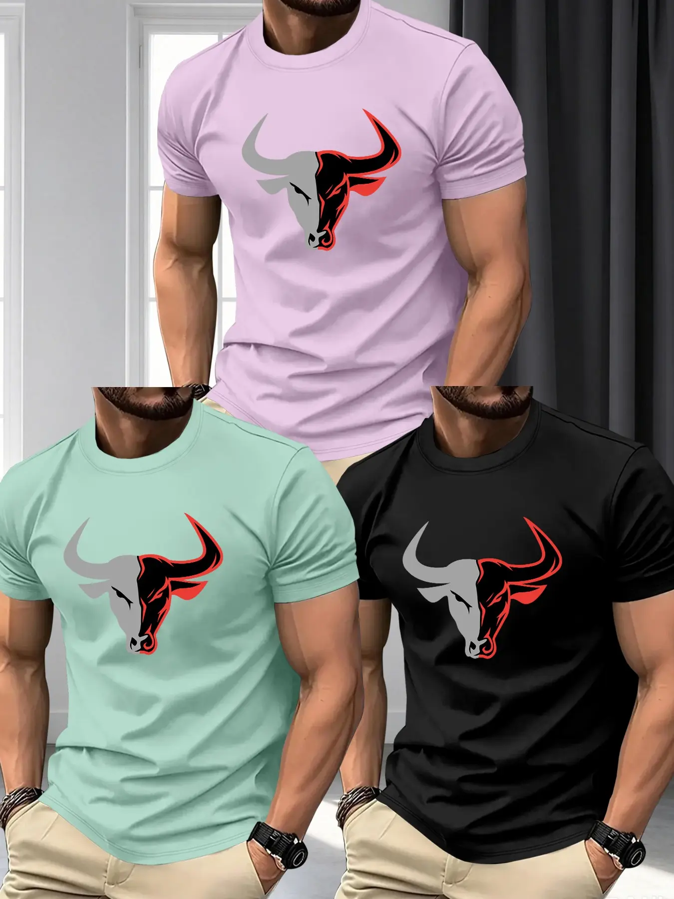 Men's 3-Pack Western Street Style Streetwear Round Neck Colorblock Bull Head Print Short Sleeve T-Shirts, Casual Loose Fit Daily Wear