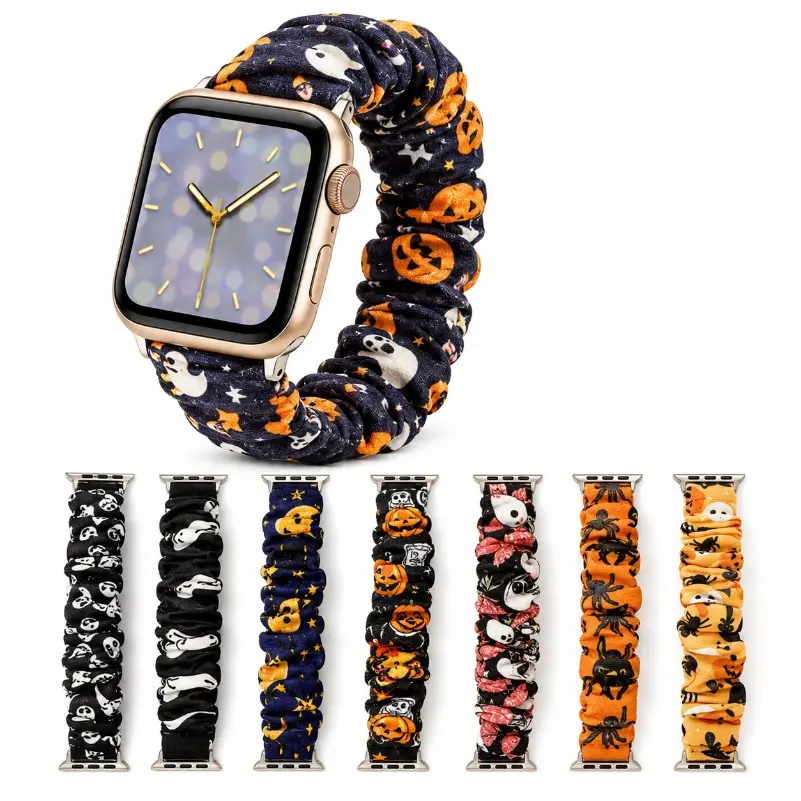 8pcs-Halloween Scrunchie Watch Band - Stretchy Fabric Printed Replacement Strap for 22mm Smartwatches, Parties and Daily Wear