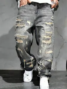 American High Street Ripped Denim Jeans, Streetwear Vintage Washed Fringe Hem, Loose Fit Wide Leg Ankle Length Men's Jeans
