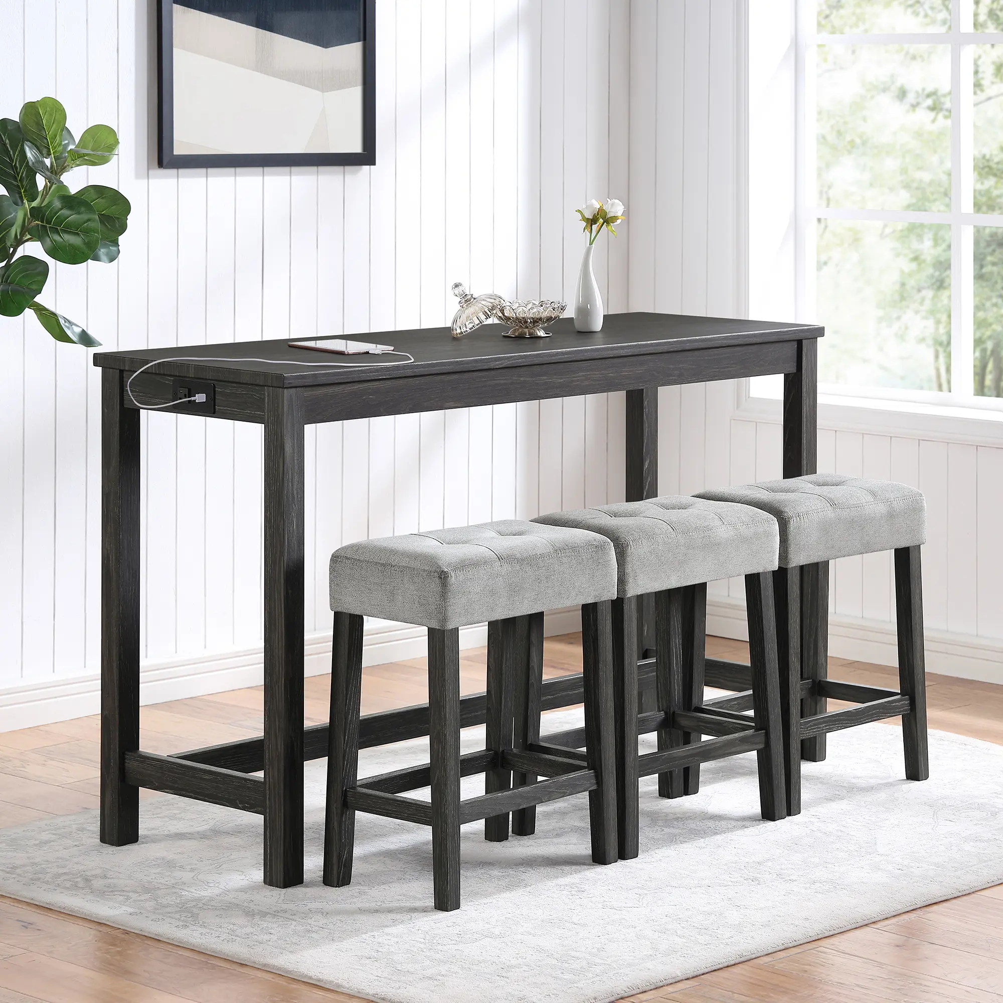 ARCH Bar Table Set with Power Outlet, 4 Piece Dining Table Set with 3 Stools, Industrial Breakfast Bar Set for Living Room Dining Room Game Room, Solid Wood+MDF, Black Brown/Dark Gray Options, Black Brown/Dark Gray Color Options, Solid Wood+MDF Mater,soho