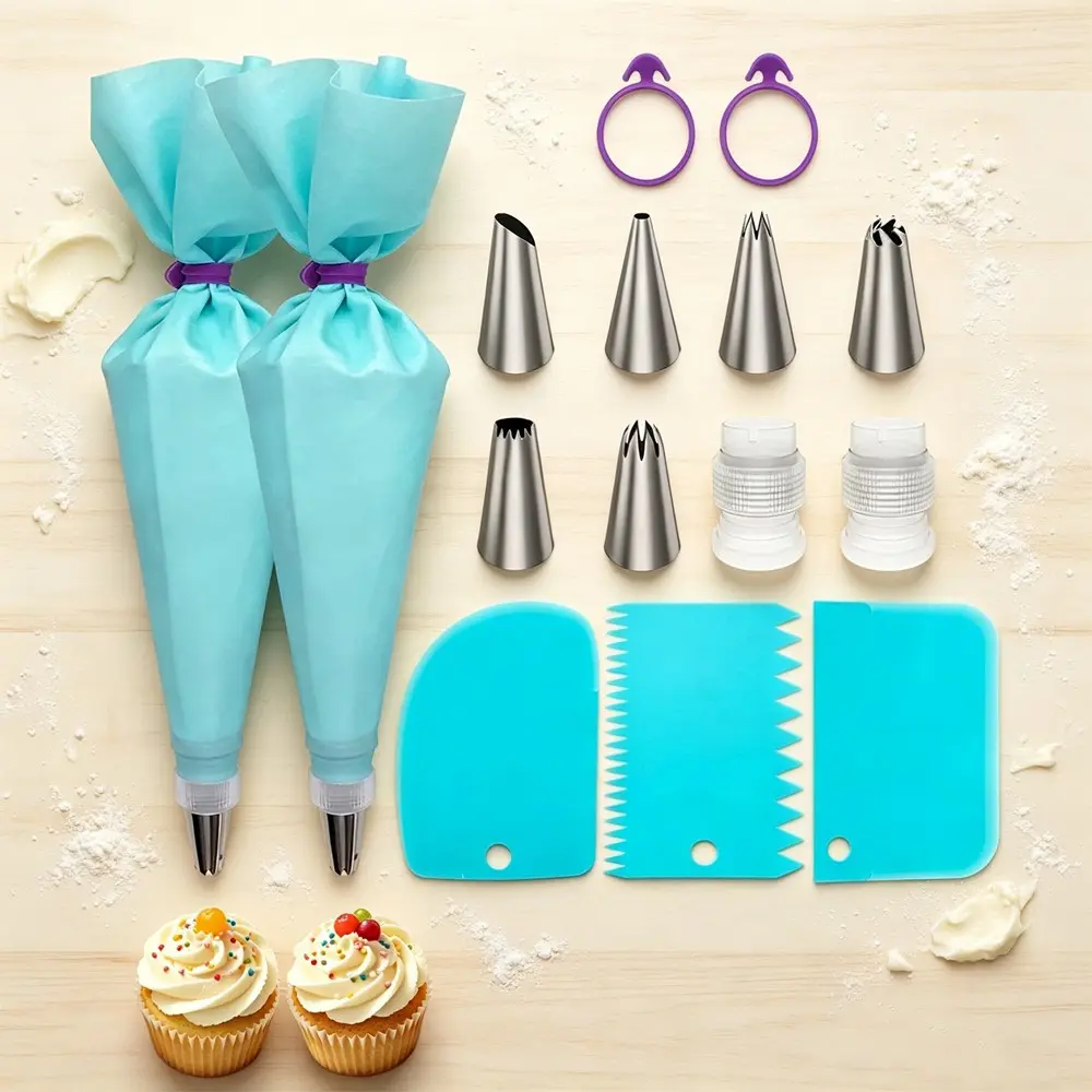 15-Piece DIY Cake Decorating Kit, Stainless Steel Icing Nozzle, Disposable Bags, Plastic Connectors, Baking Tools for Home Use