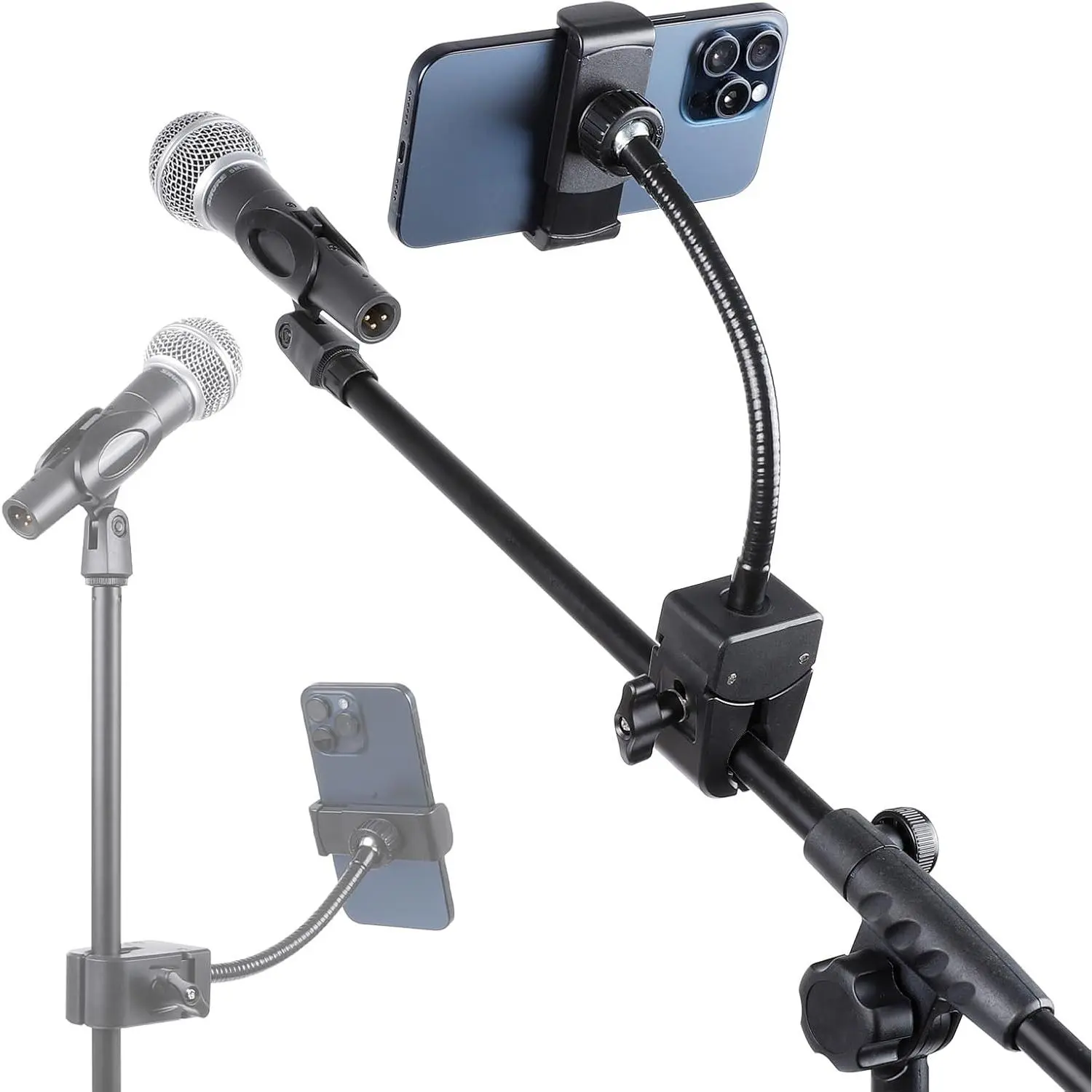 Mic Stand Phone Holder with 7.9" Removable Gooseneck, 360°Adjustable Mount, Compatible with iPhone 16 Pro Max, 15 Plus & Other Smartphones and Devices, Device