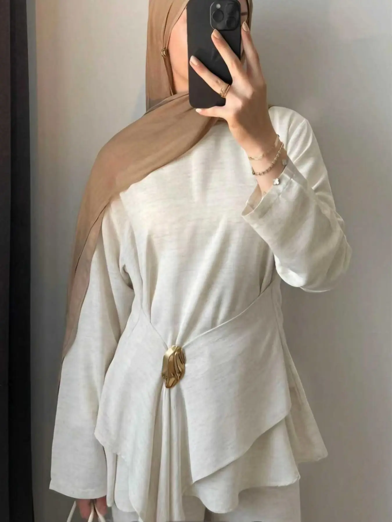Cream Round Neck Long Sleeve Top, Asymmetrical Ruffle Hem, High Waist Wide Leg Pants Set, Metal Buckle Belt, Conservative Muslim Women's Two Piece Set, Islamic Clothing Set Women
