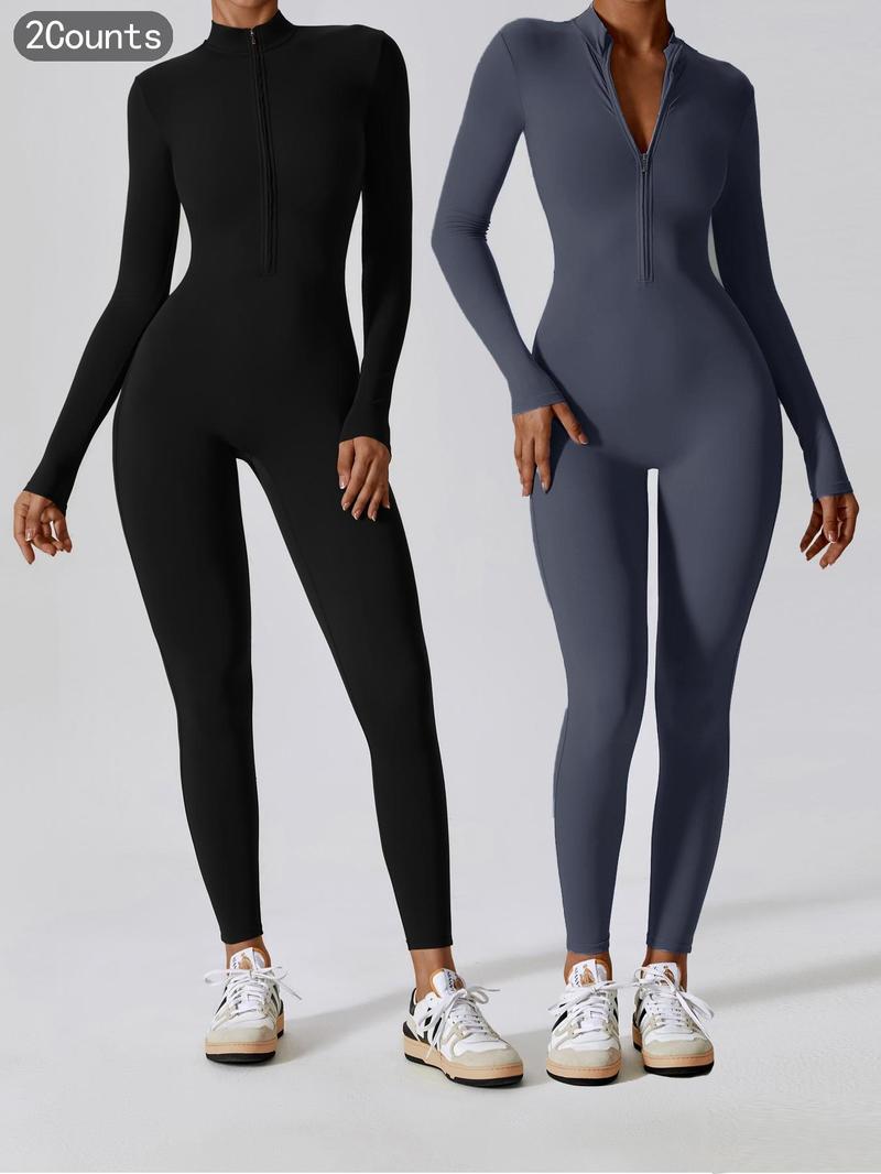 Women's Solid Zip Up Long Sleeve Sports Jumpsuit, Casual Sporty Comfy Jumpsuit for Yoga Gym Workout, Ladies Sportswear for All Seasons, All Season Activewear