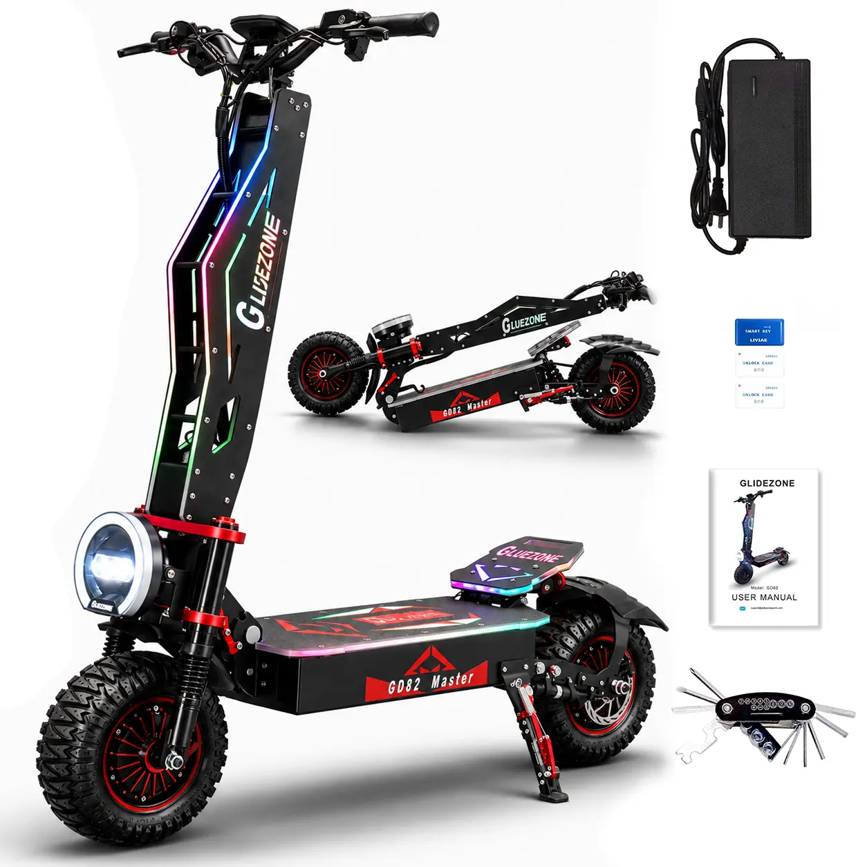 GD82 Performance Folding Scooter for Adults, 7000W Dual Motor 7000W Power, 50 MPH Max Speed, 50+ mi Max Range, 12” Off-Road Tires for Off-Roading, Dual Suspension, LED Lighting, NFC Unlock, Front Braking, Portable, Supports 264lbs, 12-Month Warranty
