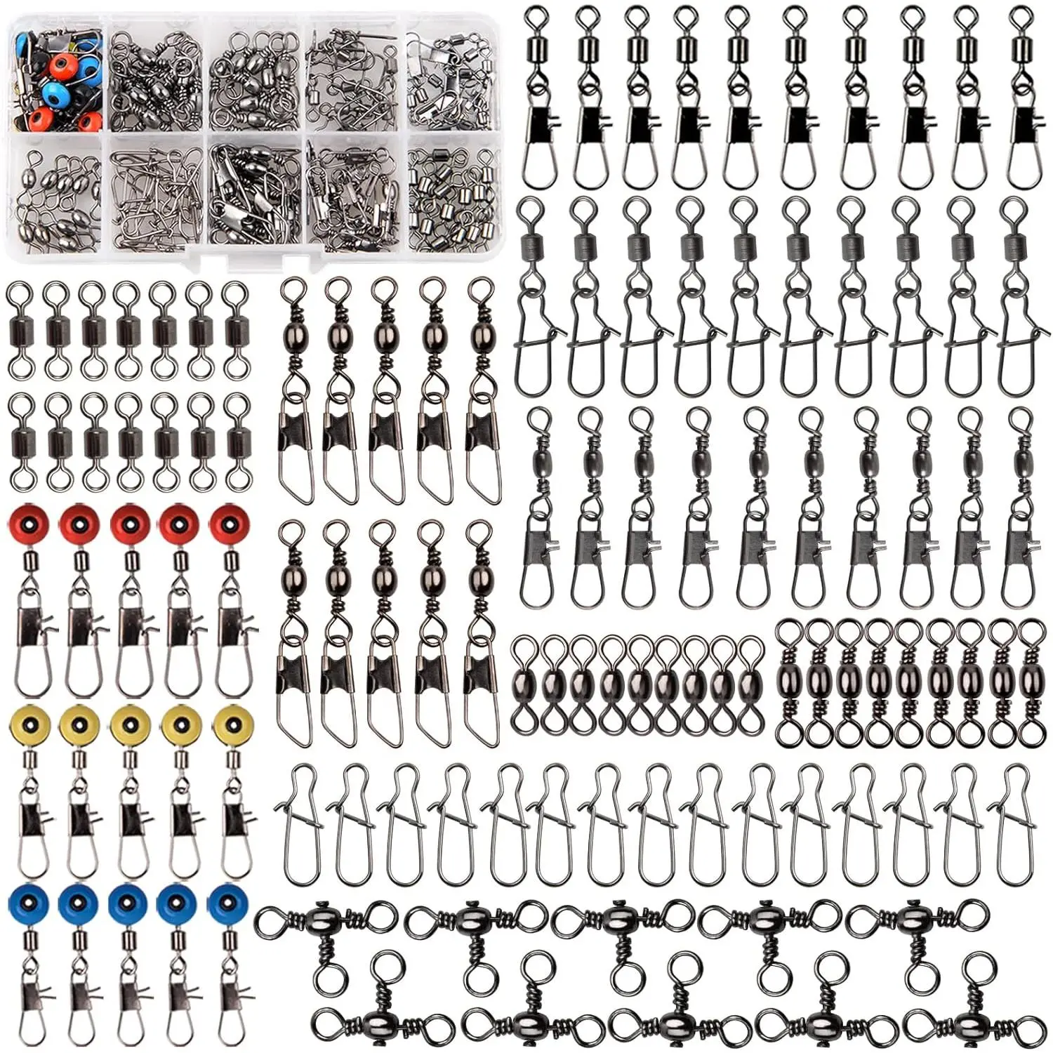 Fishing Swivels Kit - Ball Bearing Swivel, Rolling Barrel Swivel, Crossline Three Way Swivel, Duo Lock Snap, High Strength Fishing Line Connector for Bass Trout Saltwater Freshwater