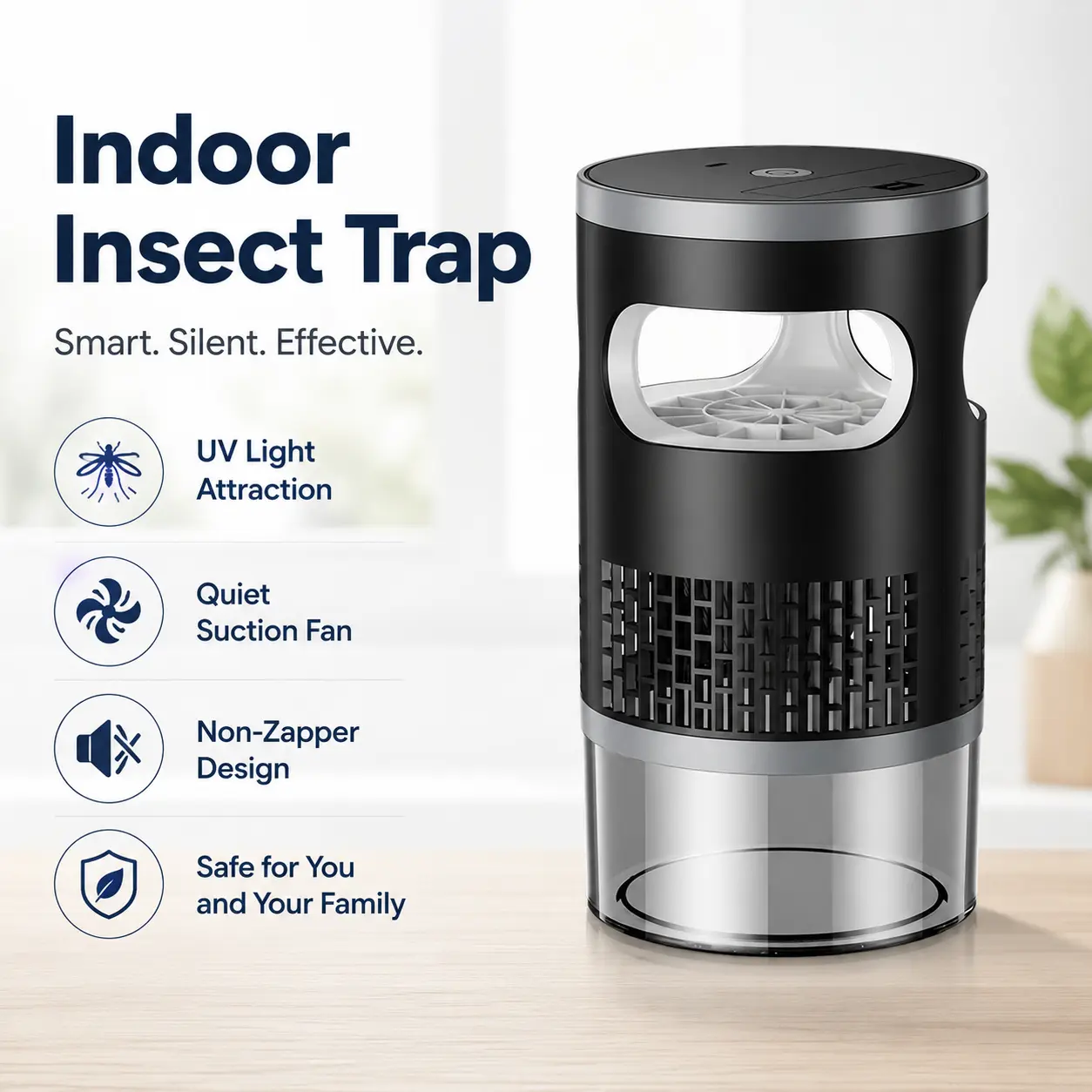 Indoor Flying Insect Trap with UV Light Attraction and Powerful Suction Fan, Quiet Non-Zapper Bug Catcher for Mosquitoes, Fruit Flies, Gnats and Moths, Portable Pest Control Device for Bedroom, Kitchen, Living Room and Everyday Home Use