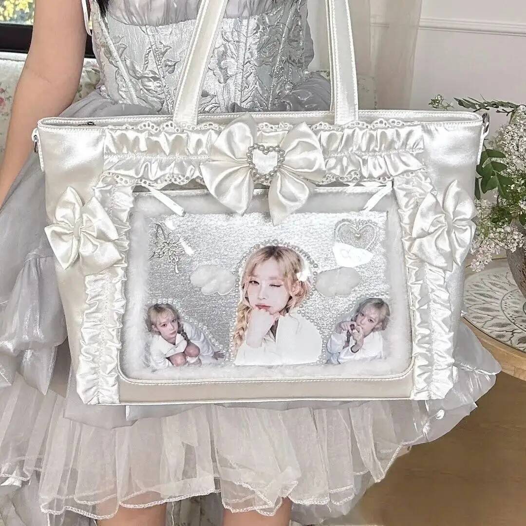 New Y2k Sweet Ita Shoulder Bag Lolita Girl Transparent Crossbody Bag Women Large Capacity Lace Tote Bag Cute DIY Display Handbag