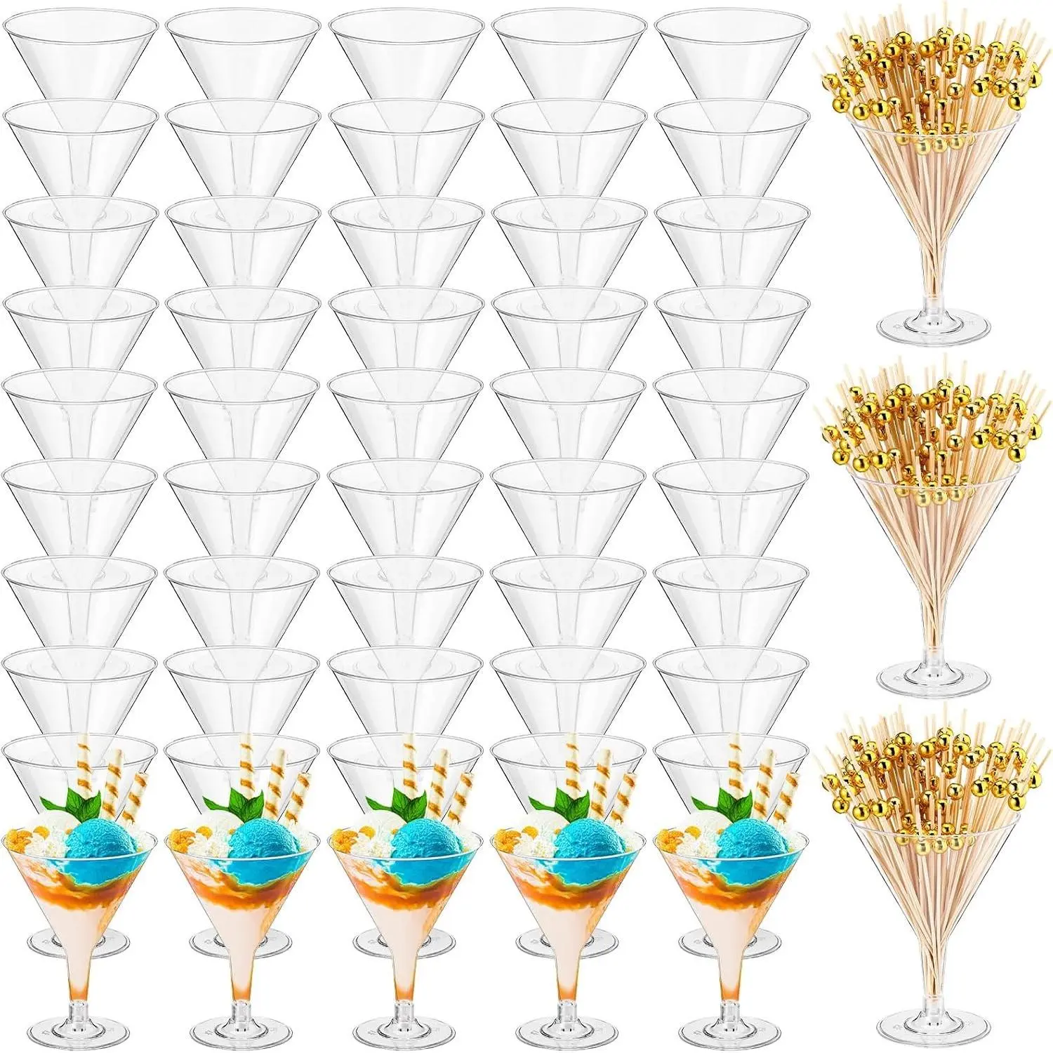 100 Pcs 7 oz Plastic Martini Glasses and Cocktail Picks Set Disposable Clear Cocktail Dessert Glasses Unbreakable Mini Cups for Wedding Party Wine Appetizers Food
