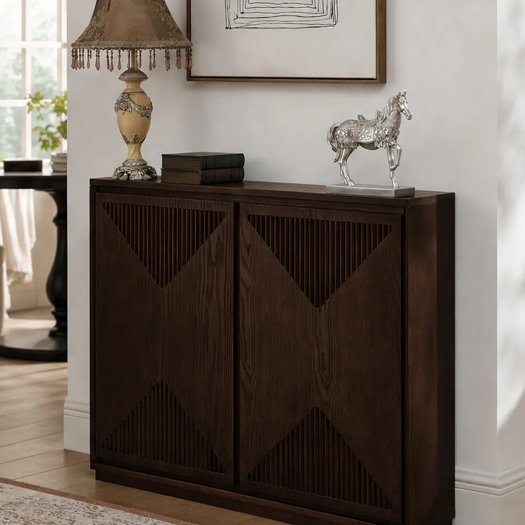 ARCH Mid-Century Fluted Wood Sideboard - Sturdy V-Shape Storage Cabinet Buffet with Doors, Narrow Dark Walnut Solid Wood+MDF Entryway Cabinet with Anti-Tip Base, 32.5"H Indoor Cupboard for Living Room, Dining Room