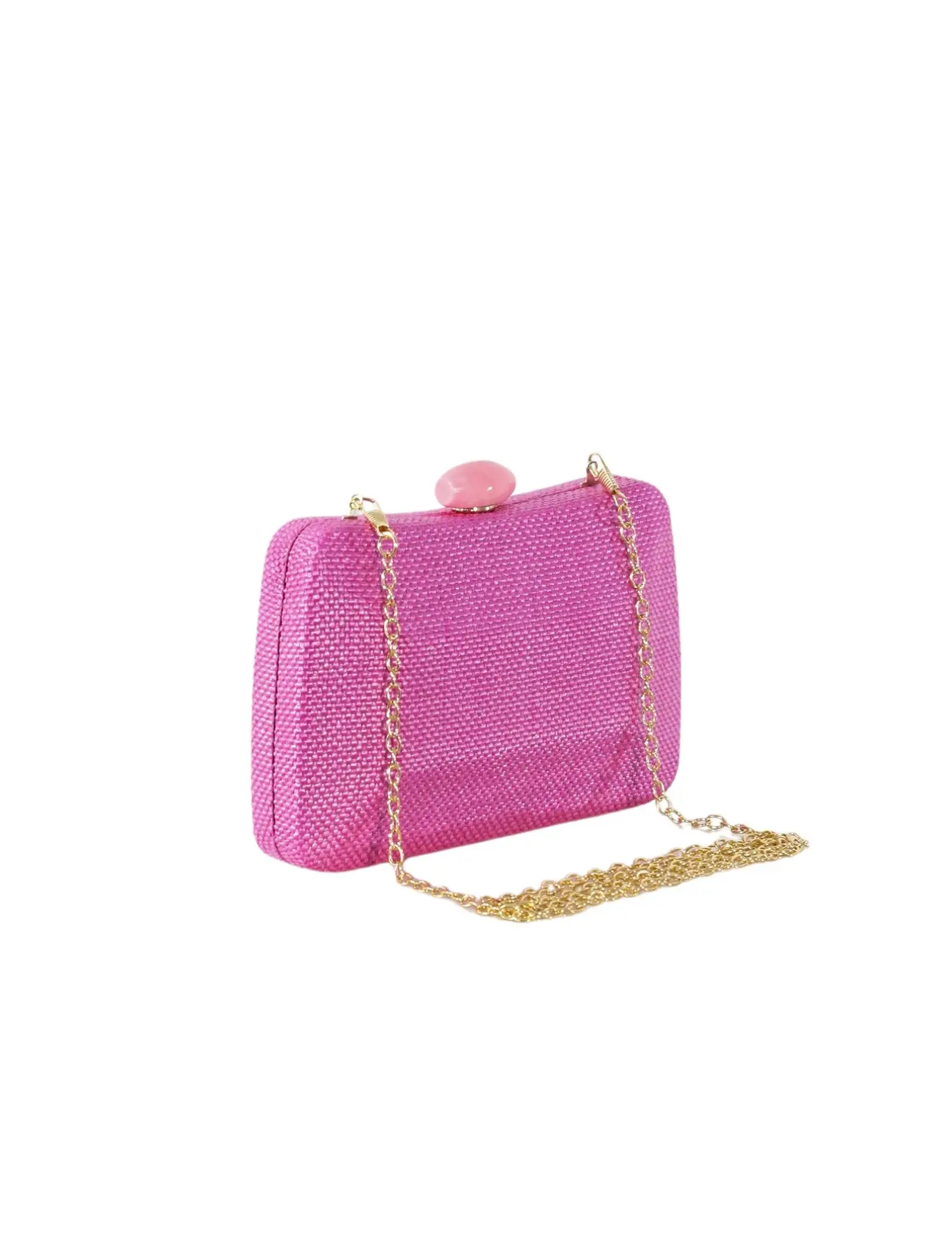 Dopamine Bright Hot Pink Tight Woven Straw Hard Shell Hand Party Evening Shoulder Crossbody Clutch with Chain, Smooth Pink Jade Round Lock Slim Curved Gold Handle Removable Gold Chain Trendy Holiday Photo Formal Box Shoulder Purse