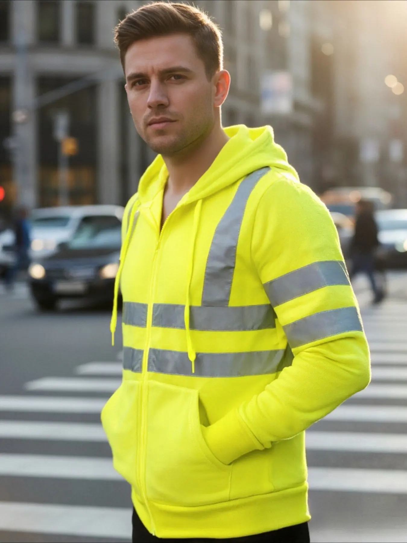 Men's Reflective Hoodie, Ideal for Night Work, Workwear, High-Visibility Stripes, Loose Fit, Zip-Up Knit Jacket, Spring & Fall Style, Multicolor