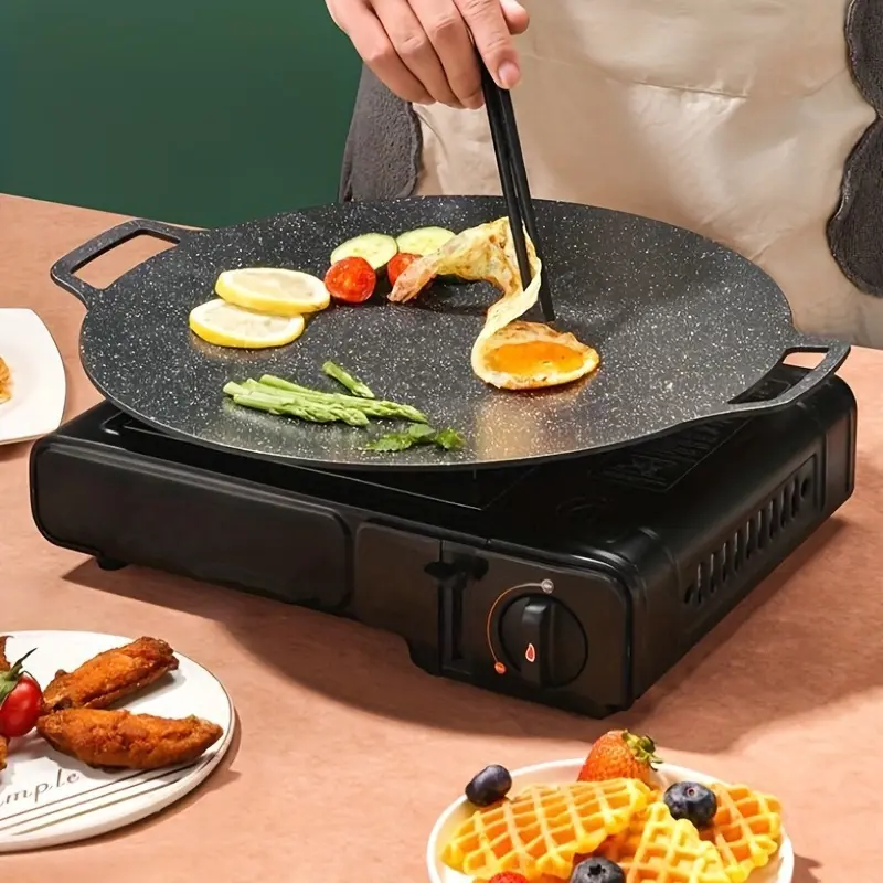 Large Iron Griddle Skillet - Non-Stick Barbecue Grill Pan for Outdoor Camping, Induction Stove Compatible - Portable Iron Plate for Home Use - Nonstick Round Griddle Grill Pan - Cookware Barbecue Tool Kitchen Additions - for Outdoor Camping Picnic