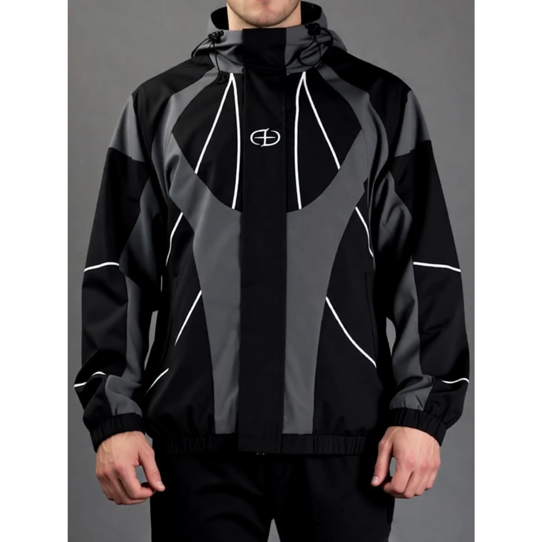 Men's Windbreaker Jacket With White Piping Strips Cyberpunk Techwear Hooded Coats Contrast Grey Black Colorblock Panels Geometric Logo Print Activewear Running Hiking Windproof Outerwear Streetwear Harajuku Y2K Full-Zip Light Weight Tops clean Lightweight