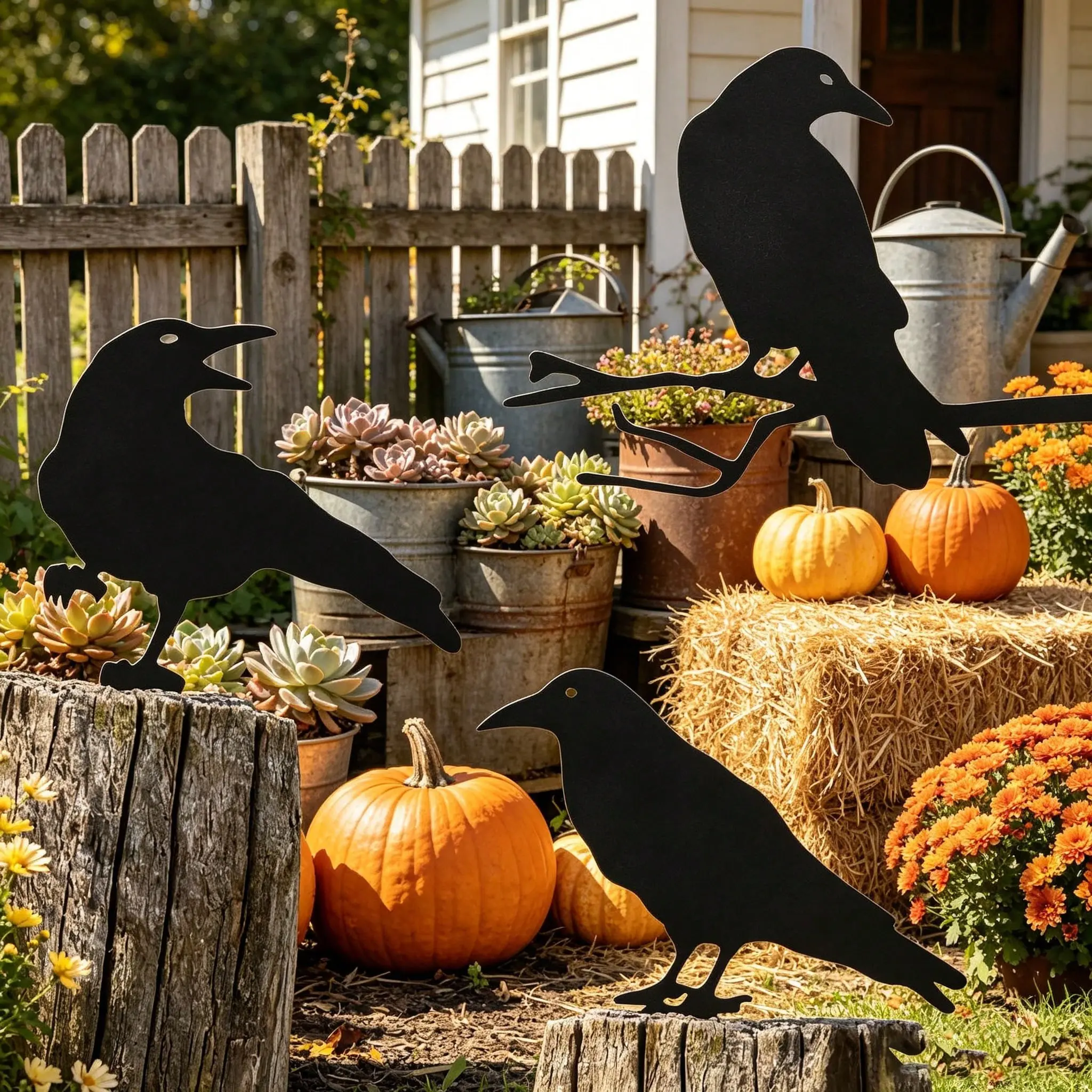 3-Piece Metal Raven Silhouette Garden Decor, Gothic Halloween Courtyard Art, Outdoor Rainproof Iron Raven Sculpture, Farmhouse Tree Trunk Decoration Gift