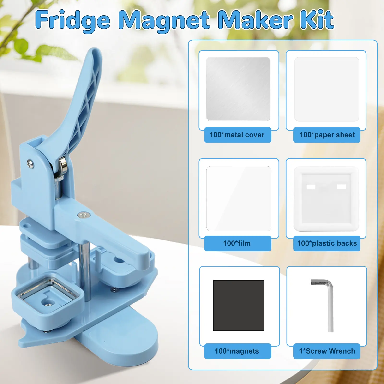 2.17in Square Magnet Press Kit - 100 Complete Sets, Easy DIY Hand Tool for Custom Fridge Magnets & Decor