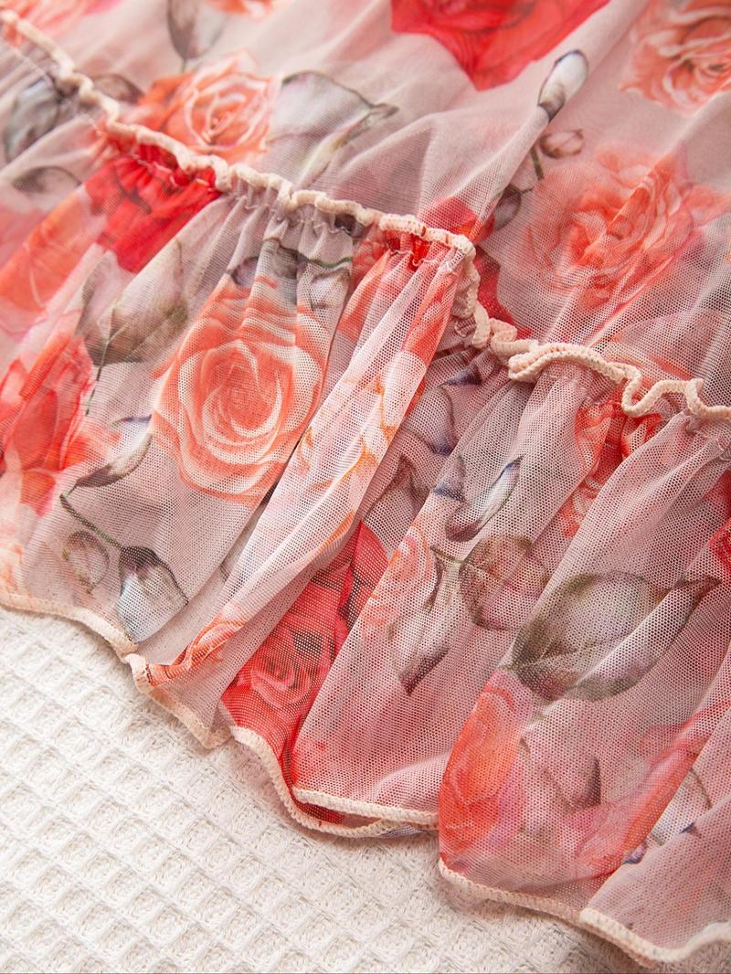 Women's Floral Print Bow Front Frill Tulle Cami Nightdress, Sexy Fit Spaghetti Strap Sleep Dress for Summer, Fashion Comfy Sexy Women Lingeries, Elegance Glam Lounge Wear, Nightwear, Womenswear