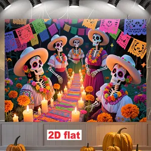 2D Flat Halloween Banner, 110×180cm (43.3×70.8in) Spooky Theme Backdrop, Polyester Fabric Party Decoration, Single-Sided Hanging Banner, Metal Grommets for Easy Installation, Indoor & Garden Halloween Decor