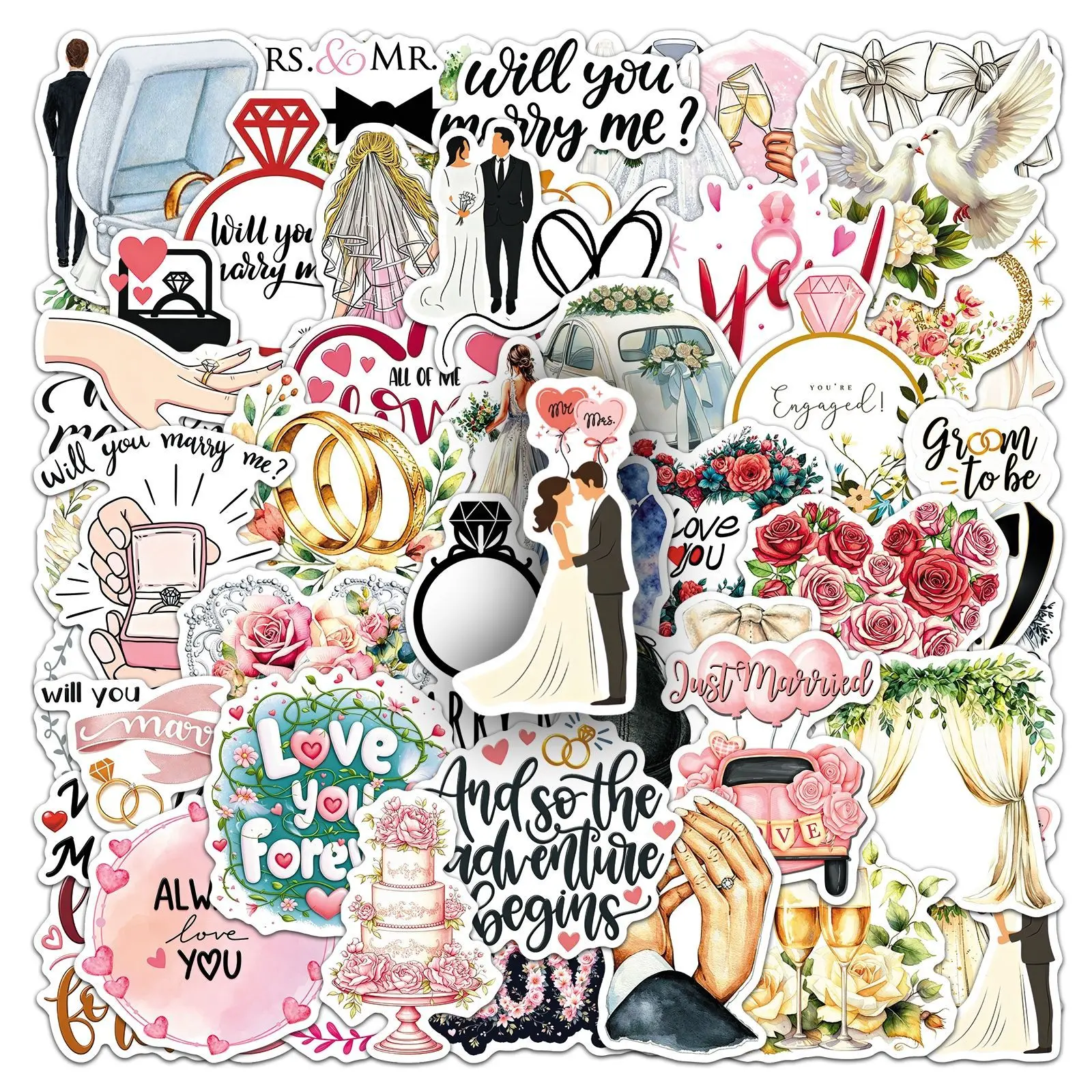 50pcs Wedding Themed Decorative Stickers, Bride Groom Marriage Love Quote Aesthetic Stickers, Planner Accessories for Journaling and Scrapbooking, Office Products, Back To School Stationery Supplies