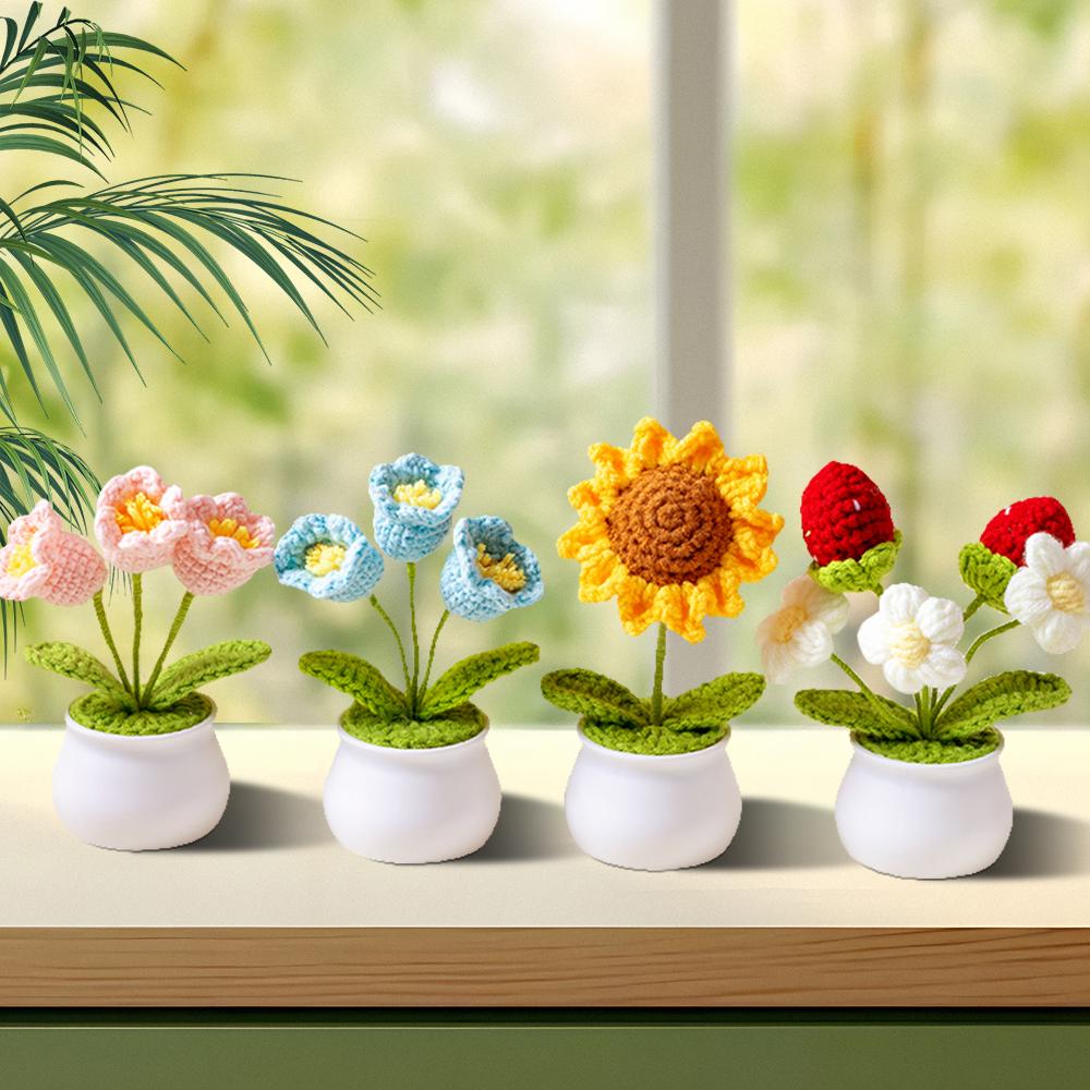 Handmade Crochet Flower Bouquet in Pot with Knitted Design and Fruit Decor Perfect Gift Home Decor Artificial Potted Flowers for Housewarming valentine romantic