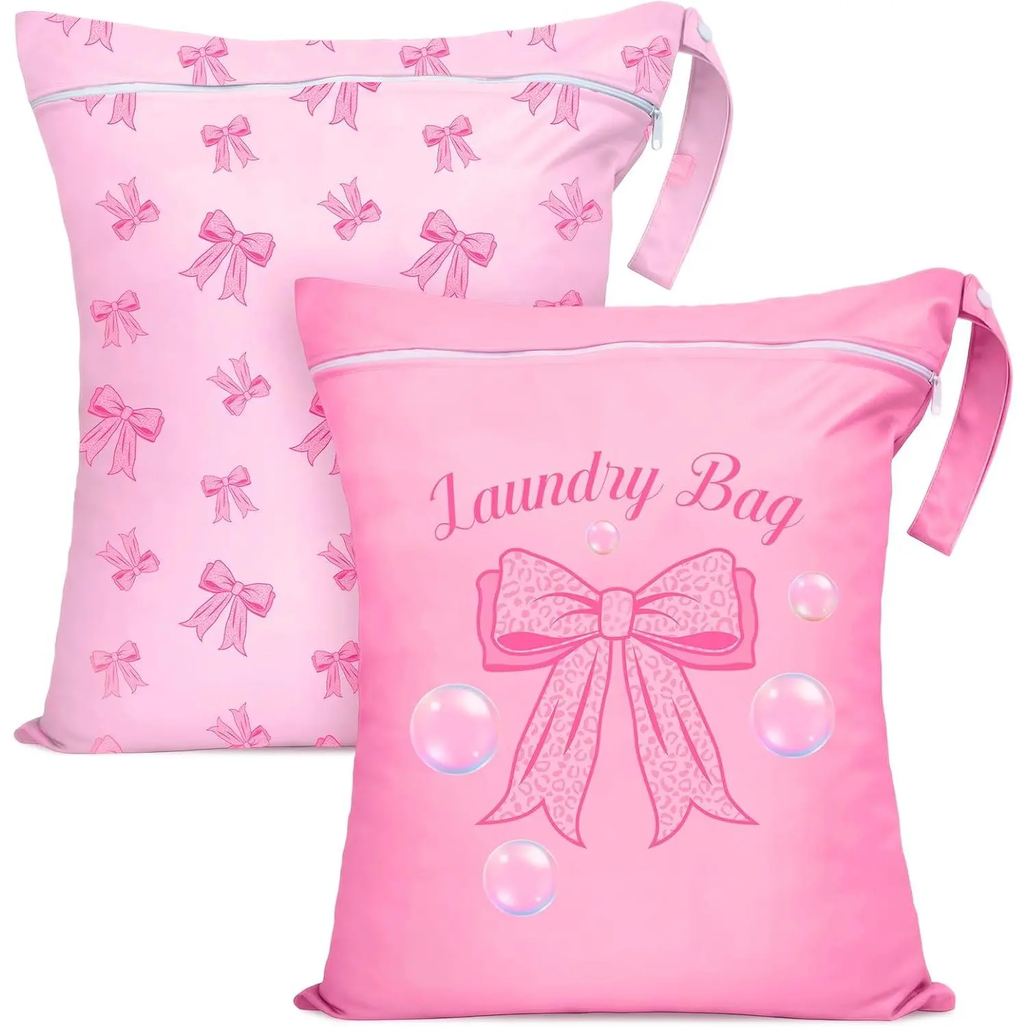 2 Pcs Large Travel Laundry Bags Waterproof Wet Dry Bag, Washable Dirty Clothes Bags for Travel, Drawstring, Bathing Suit, Workout, Gym Clothes Laundry, Swimming Pool & College Dorm, Pink Bow