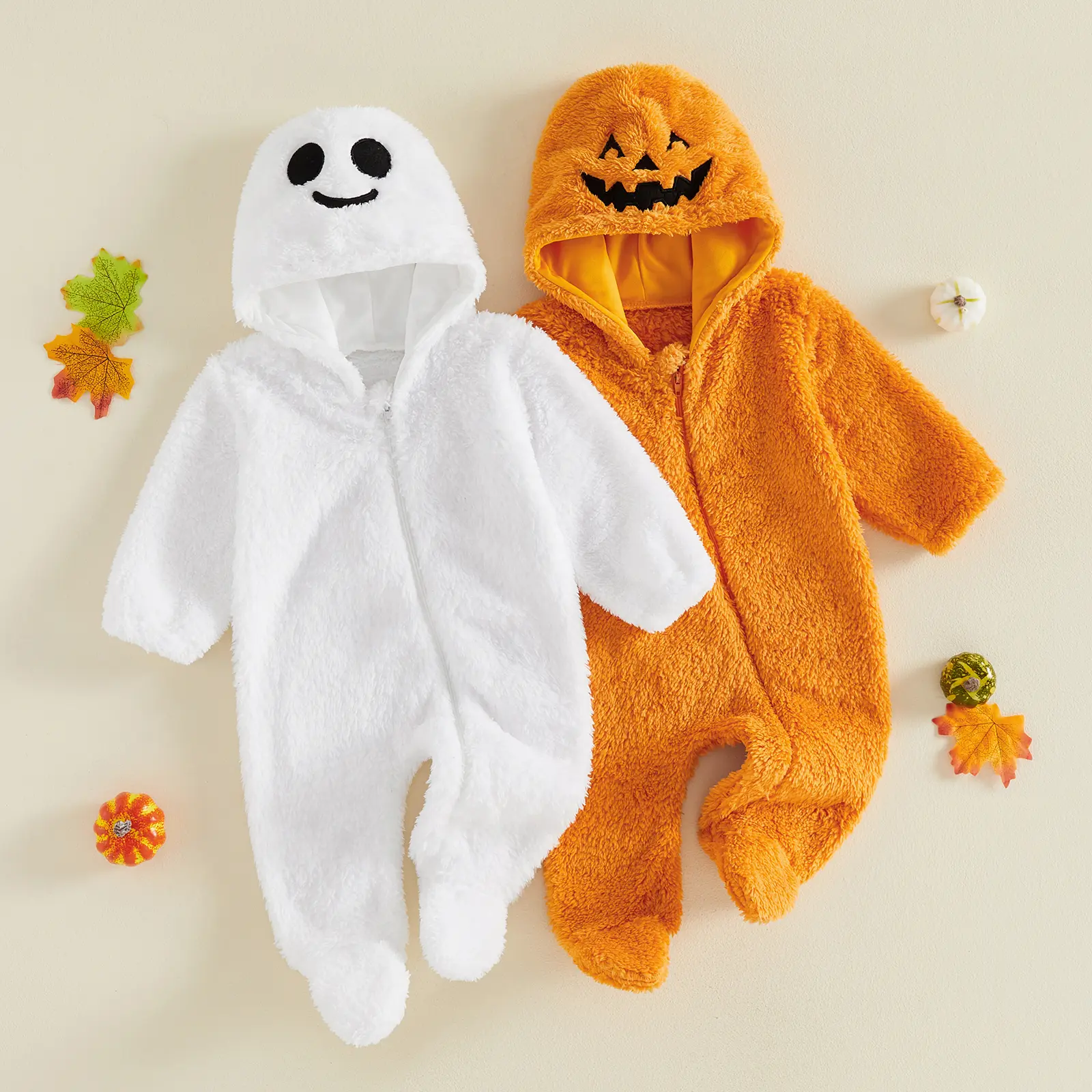 Babamoon Newborn Infant Baby Halloween Footies Romper Pumpkin/Ghost Hooded Fleece Zipper Jumpsuit Fall Winter  Clothes 0-6M