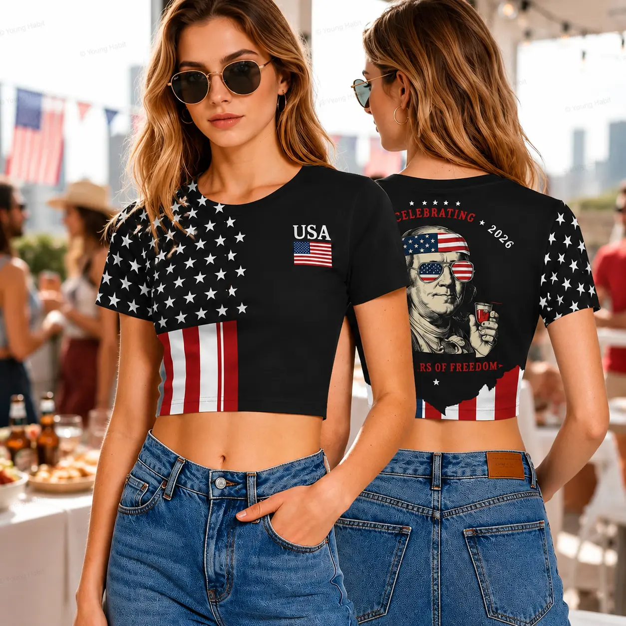 USA Patriotic Crop Top Women Black American Flag Star Stripes Graphic Tee 4th of July Outfit Independence Day Y2K Streetwear Short Sleeve USA Flag Crop Top America Freedom Shirt Summer Festival Party Casual Vintage America Aesthetic Gift