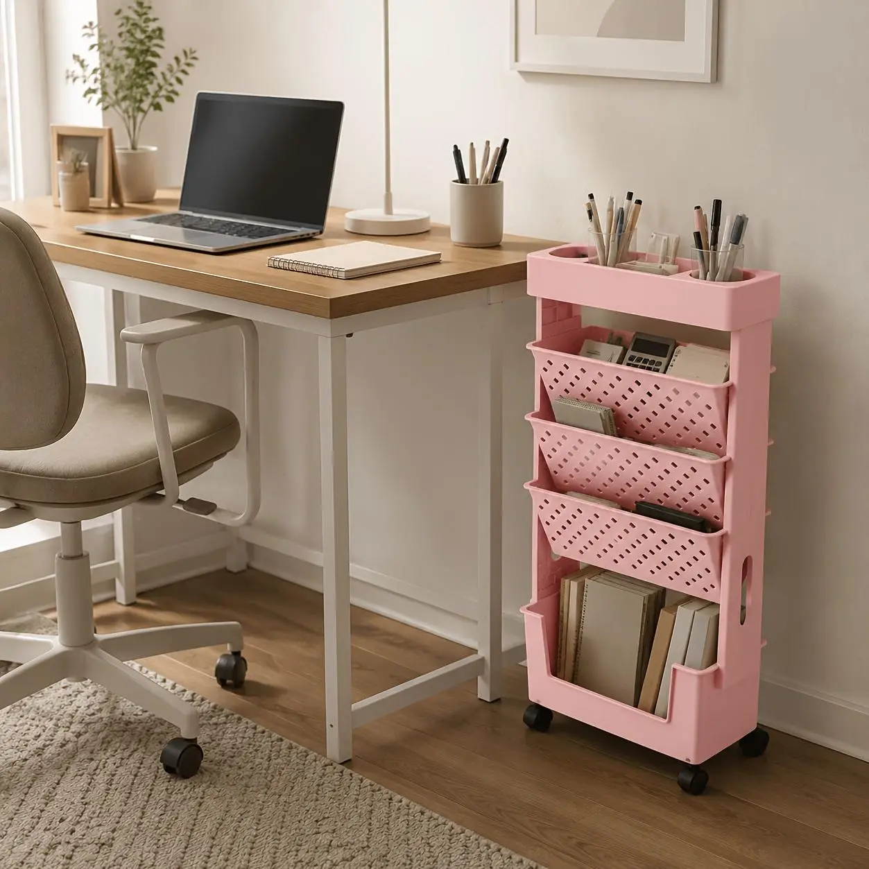 5-Tier Rolling Bookcase with Wheels - Heavy-Duty Mobile Bookshelf Suitable for Home, Office, Floor-Standing Desk Cart with Spacious Shelves, Compact Storage Rack for Books, Files, Supplies, And Bookends (No Heavy Weight Capacity)