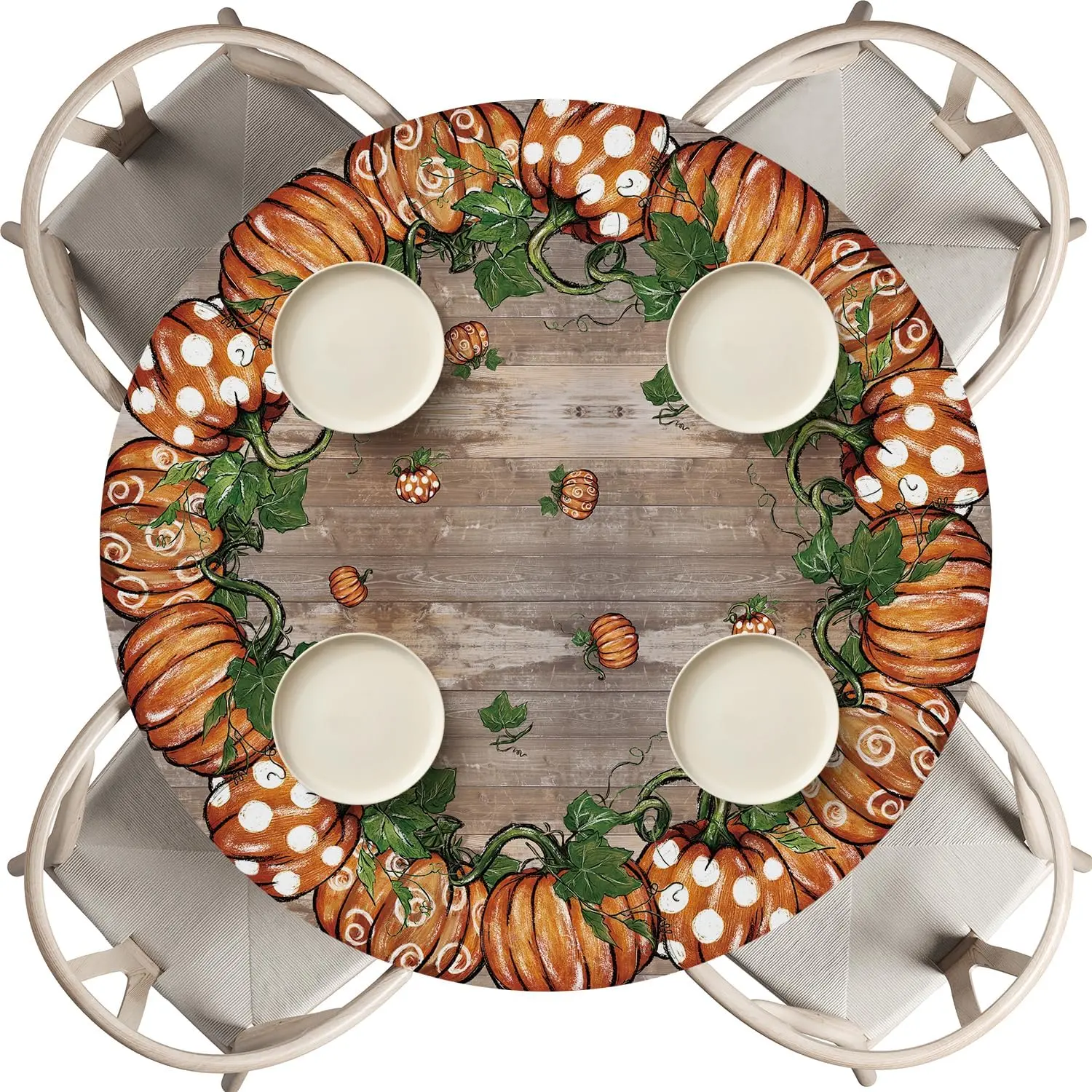 Horaldaily Fall Fitted Tablecloth for 45"-56" Round,Pumpkin Wood Orange| Plank Grain Thanksgiving Fancy Washable Table Cover With Elastic Edge for Decoration, Kitchen, Dining, Picnic, Camping, Party