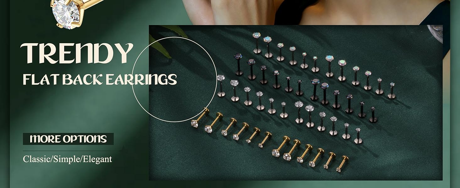 CASSIECA 3 Pairs G23 Titanium Flat Back Earrings Hypoallergenic 14K Plated Gold Filled Internal Thread Stud Earring 16G 18G Cartilage Helix Tragus Conch Piercing Jewelry Nose Lip Labret Studs for Women Men