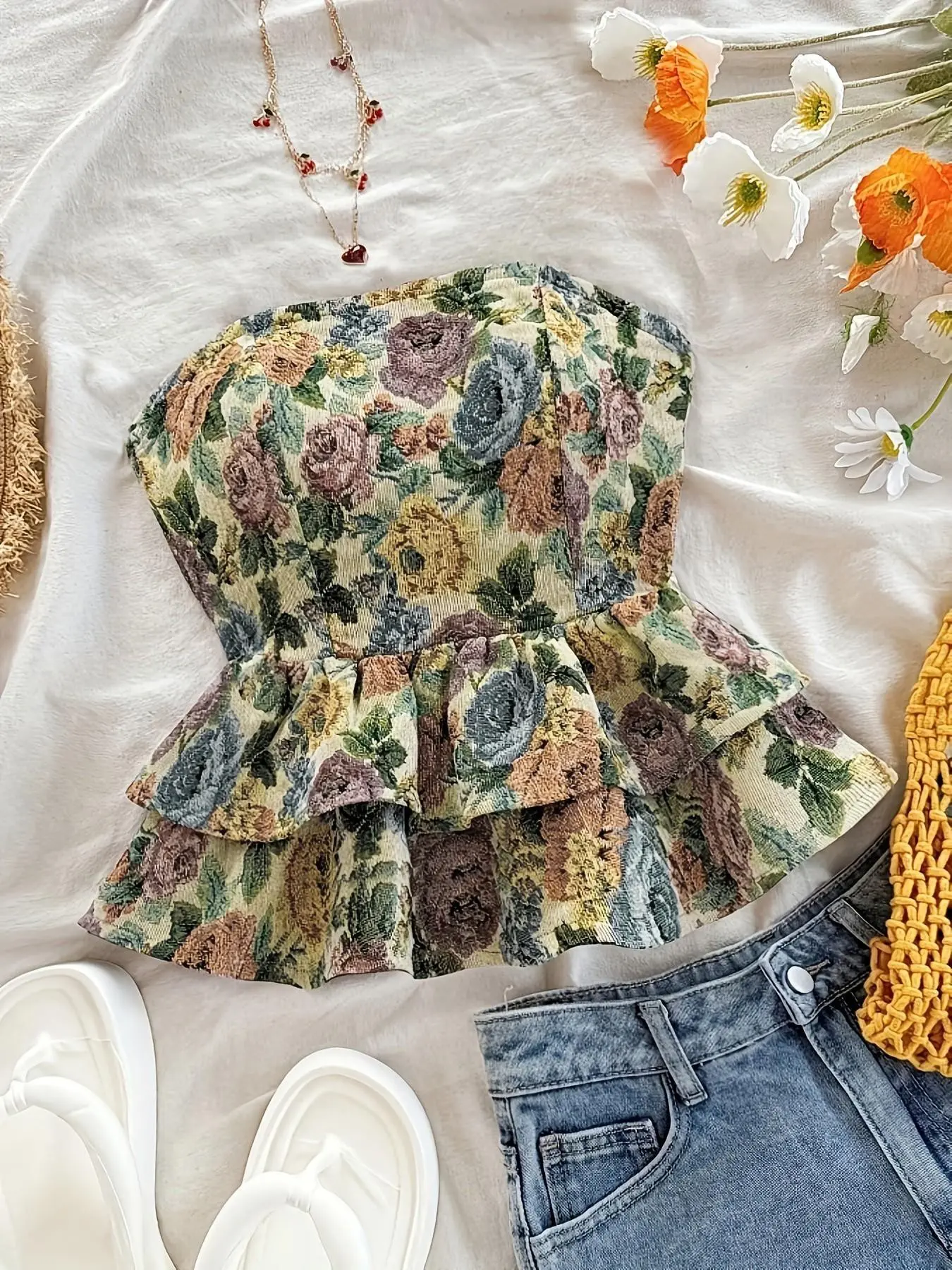Women's Floral Print Strapless Layered Ruffle Peplum Camisole Top, Elegant Sleeveless Design, Perfect for Summer Fashion