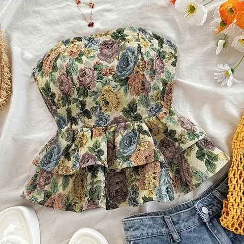 Women's Floral Print Strapless Layered Ruffle Camisole Top, Elegant Feminine Sleeveless Design, Perfect for Summer Fashion