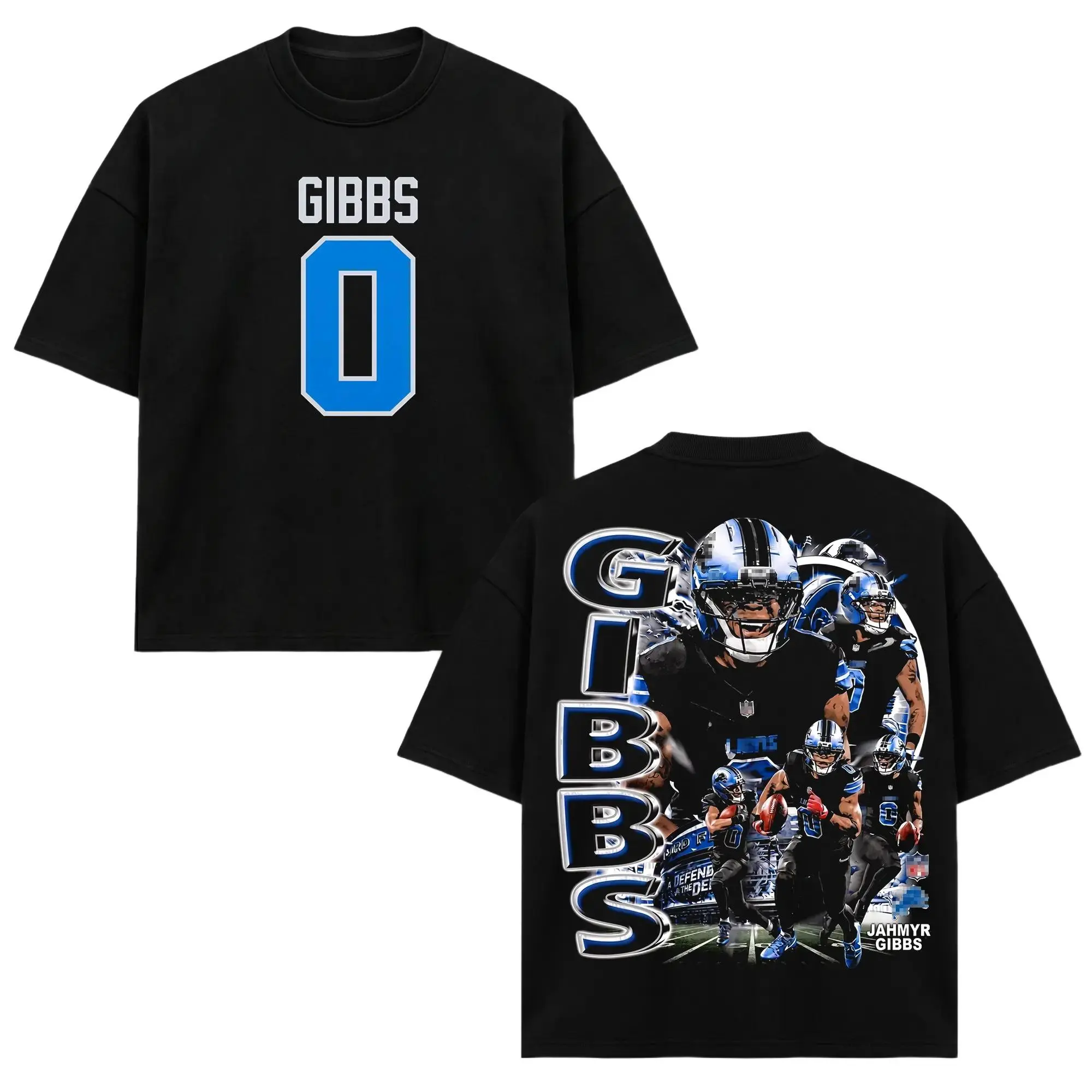 [Sale Up To 50%] Unisex Jahmyr Gibbs # 0 T-Shirt, DET Football Running Back Tee, Blue Number 0 Back Print Graphic Apparel, Running Back Retro 90s Bootleg Sports Wear, Football Fan Heritage Gift, Men Women Heavyweight Oversized Clothing