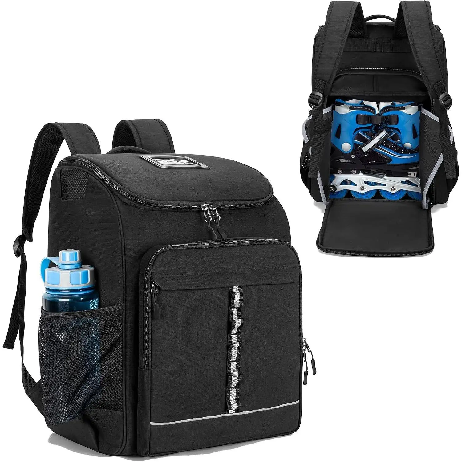 Roller Skate Bag for Men Women, Fits Shoes up to US 13, Inline Ice Skate Backpack with Top Helmet Pocket, Quad Hockey Skate Gear Bag with Padded Shoulder Strap, BlackGift
