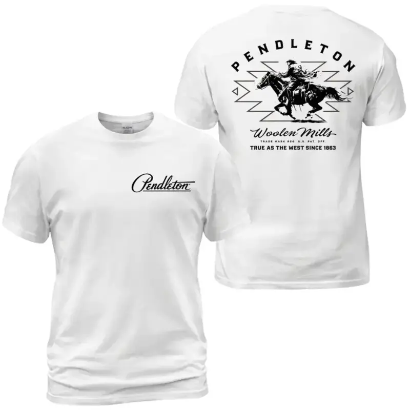Pendleton Woolen Mills T-Shirt, True As The West Since 1863 Cowboy Riding Horse Graphic Tee, Pendleton Western Heritage Patriotic Shirt, Casual Daily Wear Tee For Men & Women, Apparel Made In The USA