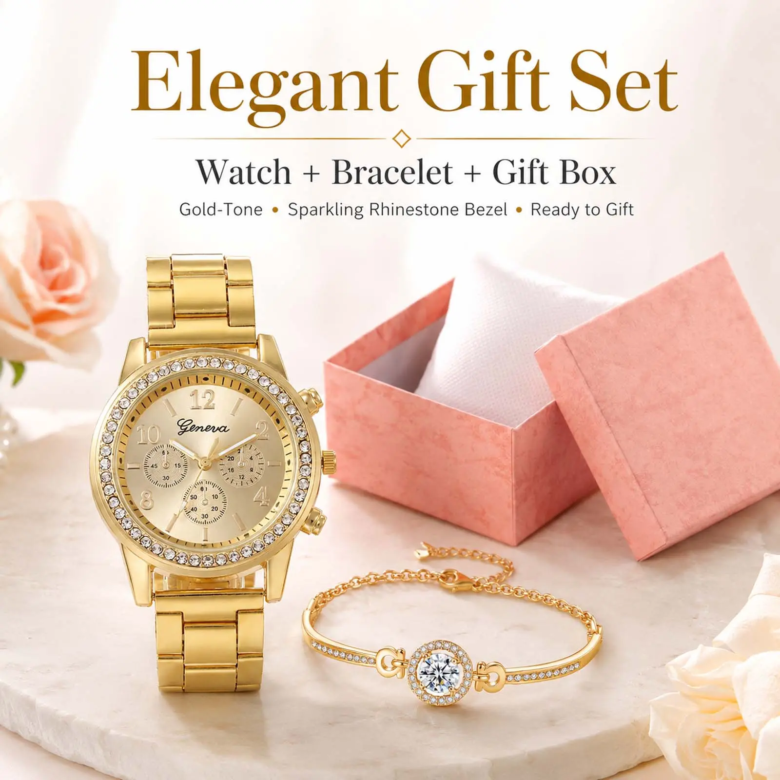 Women's Steel Band Watch and Bracelet Set, 3PCS Gift Box Jewelry Set with Sparkly Crystal Look Accent, Elegant Bracelet Watch and Matching Wrist Accessories, Fashion Gift for Daily Wear, Party, Date Night, Birthday Holiday Gift for Her