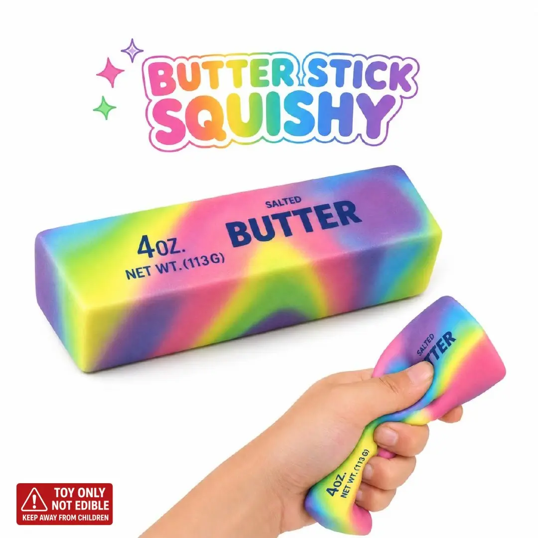 Rainbow Butter Stick Squishy Stress Relief Toy, Colorful Tie-Dye Food Fidget Squeeze Toy for Kids and Adults Relaxation, Soft Satisfying Portable Sensory Toy for Office Desk and Travel Anxiety Relief, Stress Relief Fidgets, 1 Piece