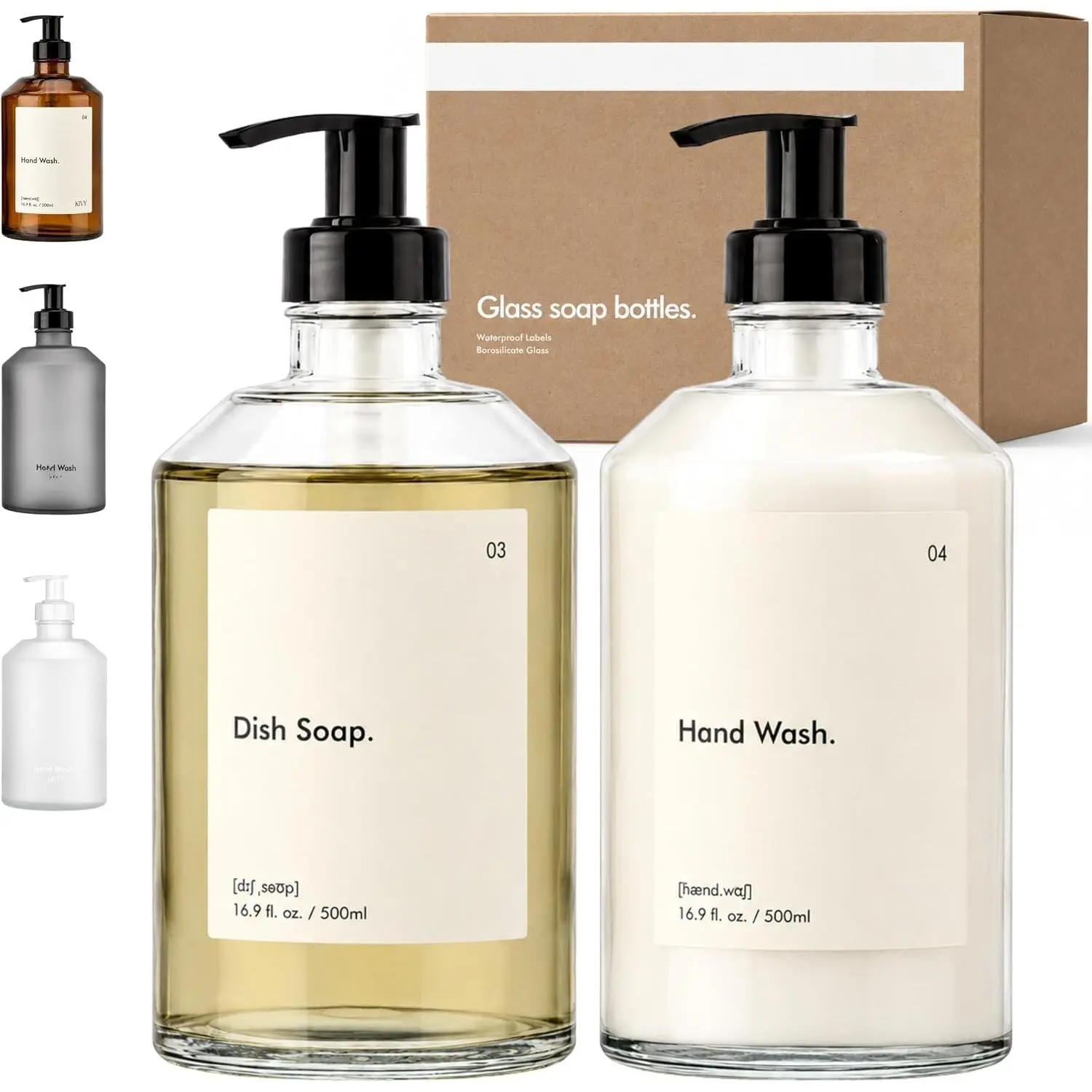 Glass Soap Dispenser Set [INCL.  Labels] - Glass Soap Dispenser with Pump - Hand Soap and Dish Soap Set - for Kitchen, Shower & Bathroom - Refillable (2X 16oz)
