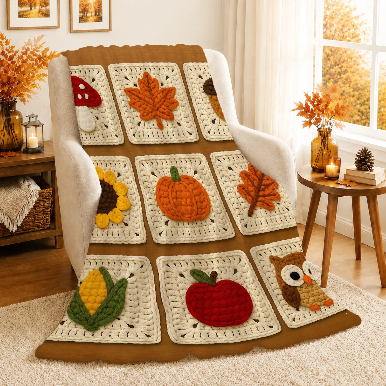 1pc Mushroom Maple Leaf Pumpkin Blanket, Cozy Autumn Farmhouse Style, Charming Hand-Crocheted Graphics with Nature Elements, for Sofa Living Room Fall Decor and Thanksgiving Gift