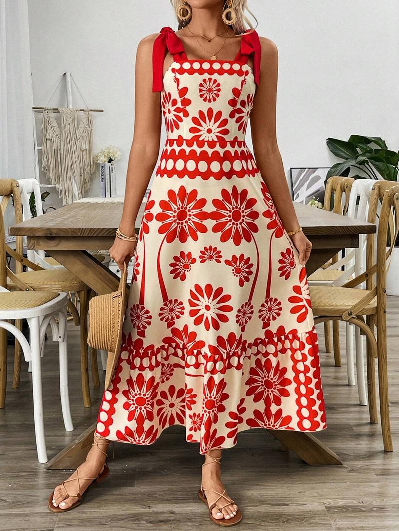 Women's Floral Print Tie Shoulder Dress, Casual Bohemian Sleeveless, Boho Sleeveless Dress for Beach Holiday Vacation, Ladies Summer Clothes