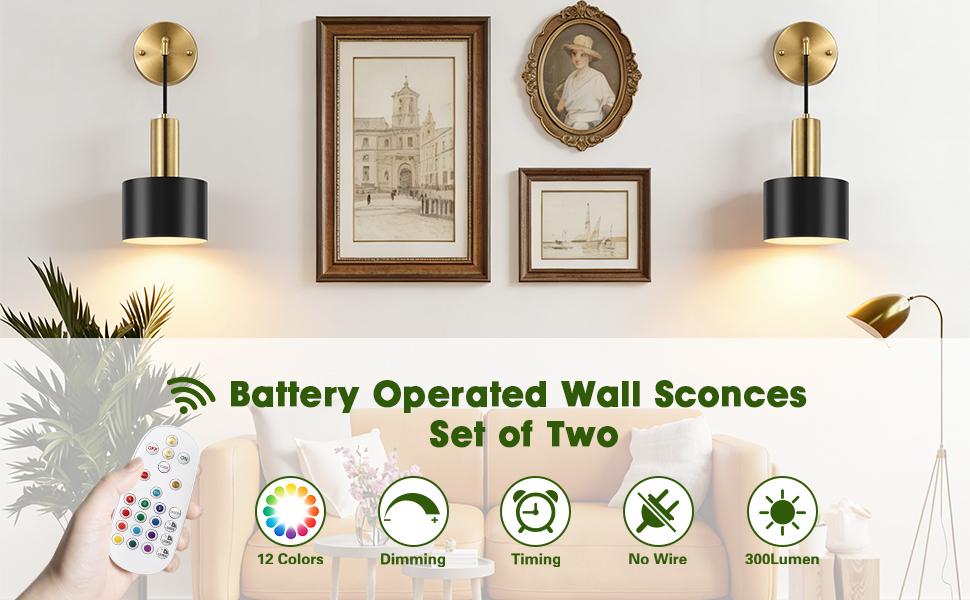 Battery Operated Wall Sconces Set of Two, Black & Gold Wireless Rechargeable Wall Lights with Remote, Dimmable LED Wall Lamps, Modern Cordless Sconce for Bedroom Living Room Hallway