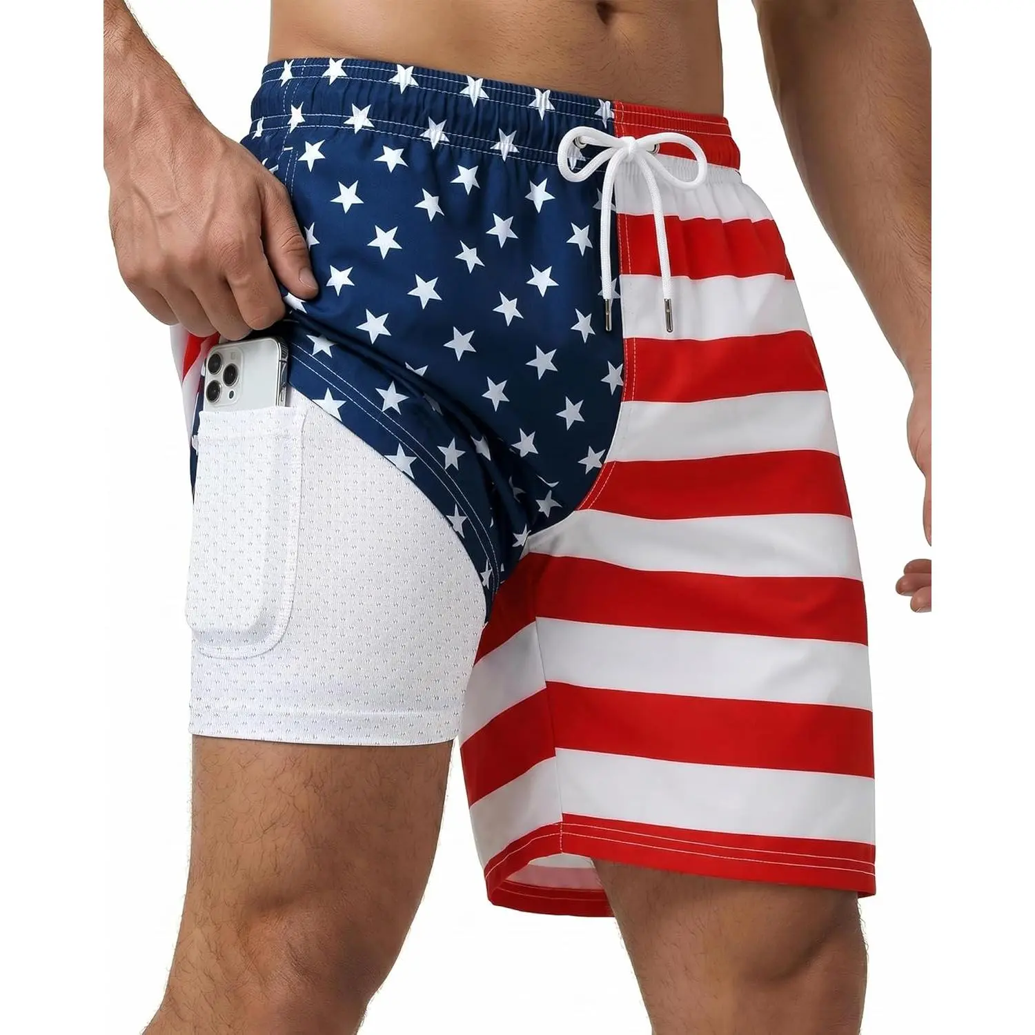 Men's 7-in Water Sports Beach Swim Trunks with Compression Breathable Liner, Quick Dry Stretch Fabric, Flexible Cut, Zipper Pockets for Board Beach Cruise