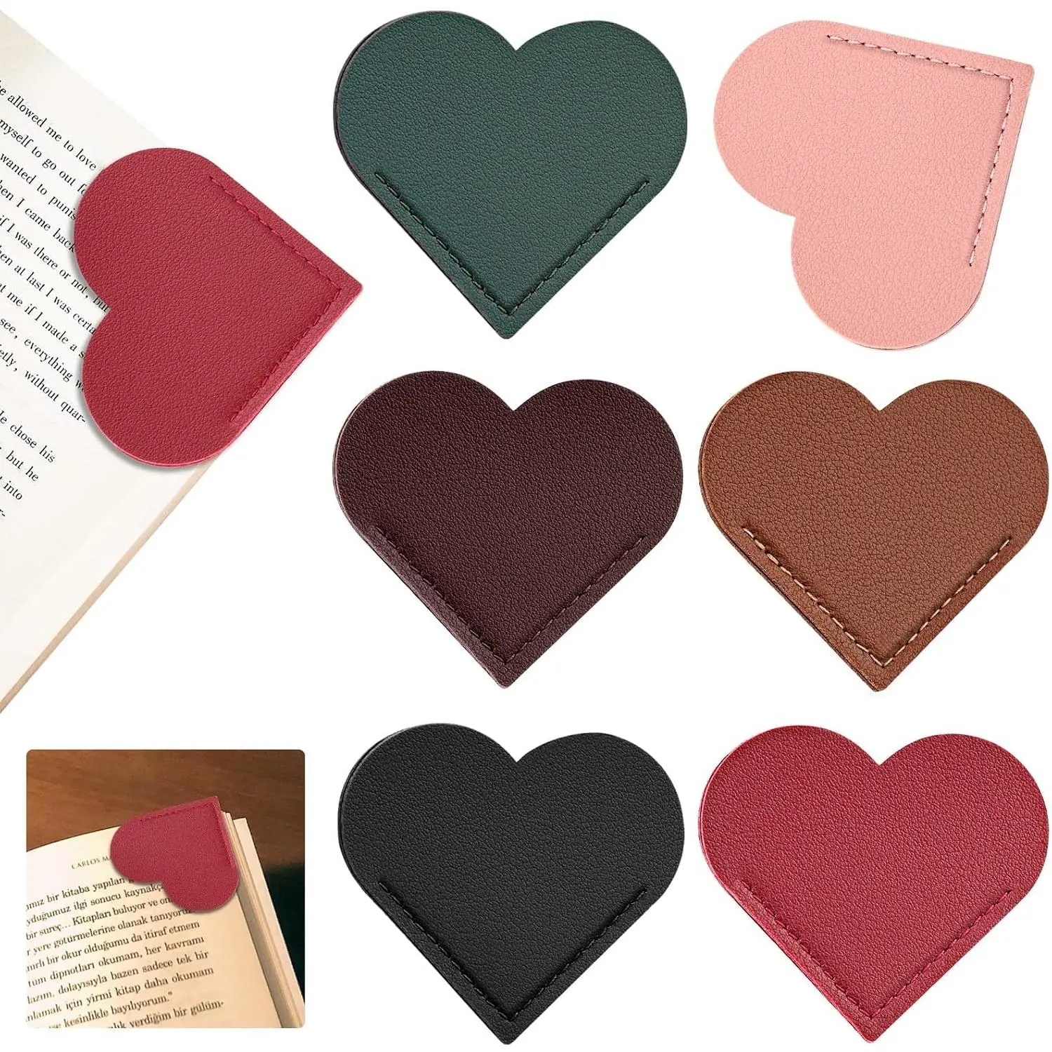 6 count Leather Heart Bookmarks, Page Corner Bookmarks for Women | Cute Heart Leather Bookmarks for Reading,  for Women, Book Lovers, Teachers, Students, School & Office Use