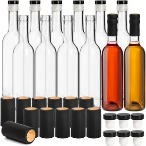 12 Pack Glass Wine Bottles, 12oz /375ml Bordeaux-Style Glass Bottle, Clear Empty Liquor Bottles with T-Top Caps and Shrink Capsule Cap