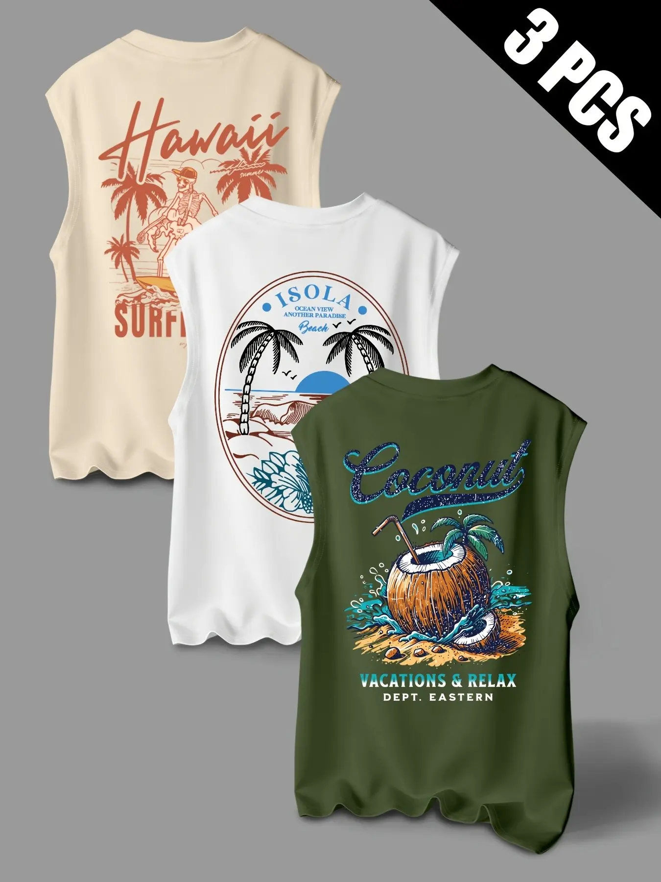 3-Pack Men's Sleeveless Tees with Coconut Tree Landscape Print, Gym Casual Wear Trendy Ins-Style Breathable Sweat-Wicking Casual Sporty Vest Undershirts for Sports and Fitness